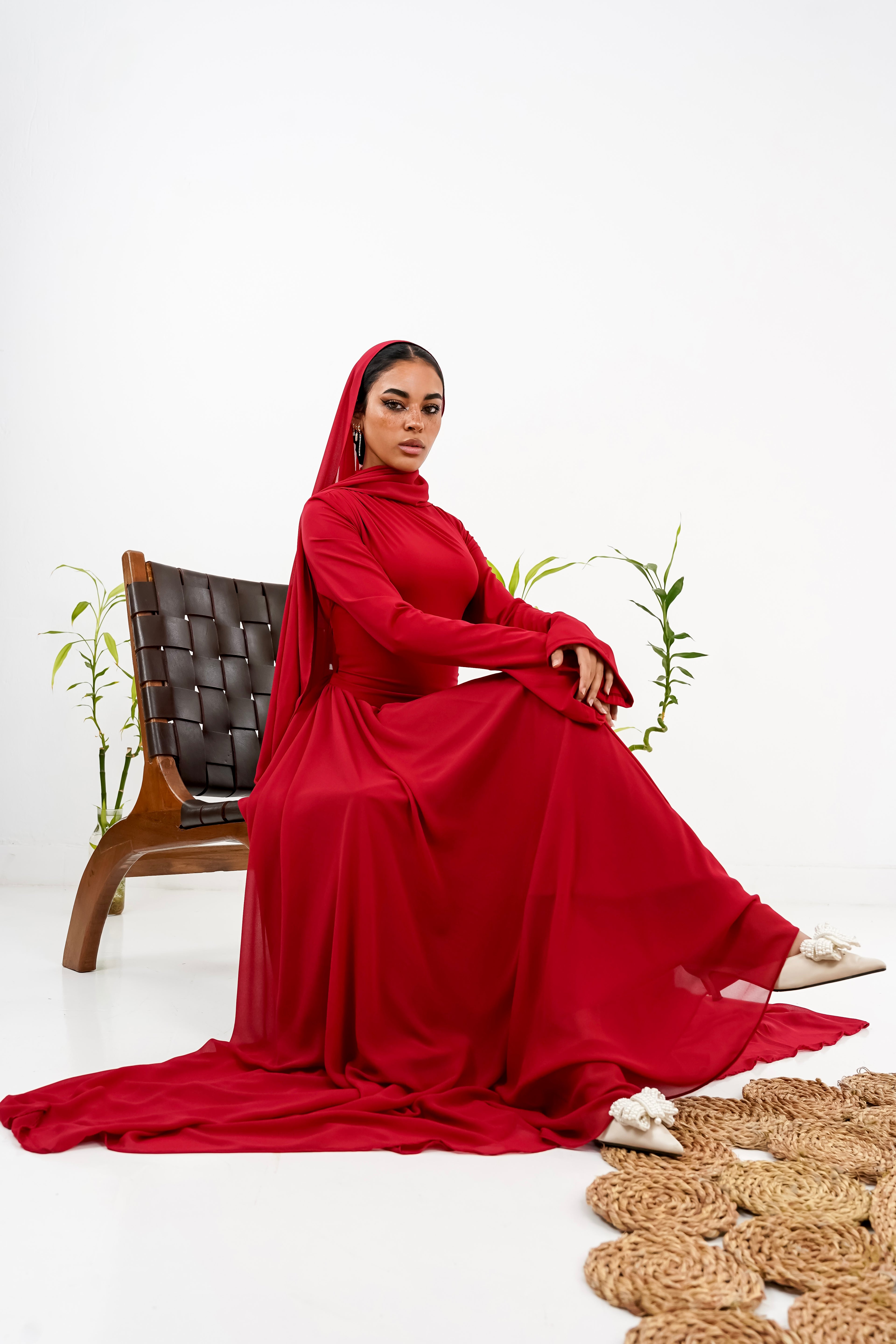 Amwaj gown with shoulder drappes in Dark red with chest cover