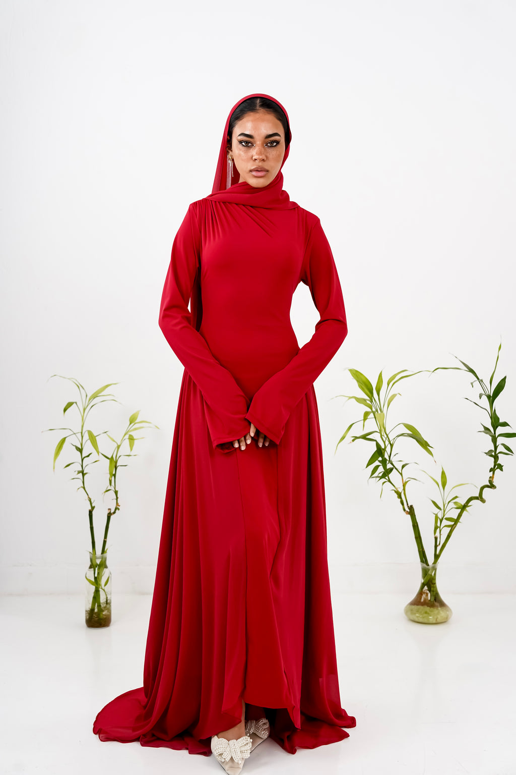 Amwaj gown with shoulder drappes in Dark red with chest cover