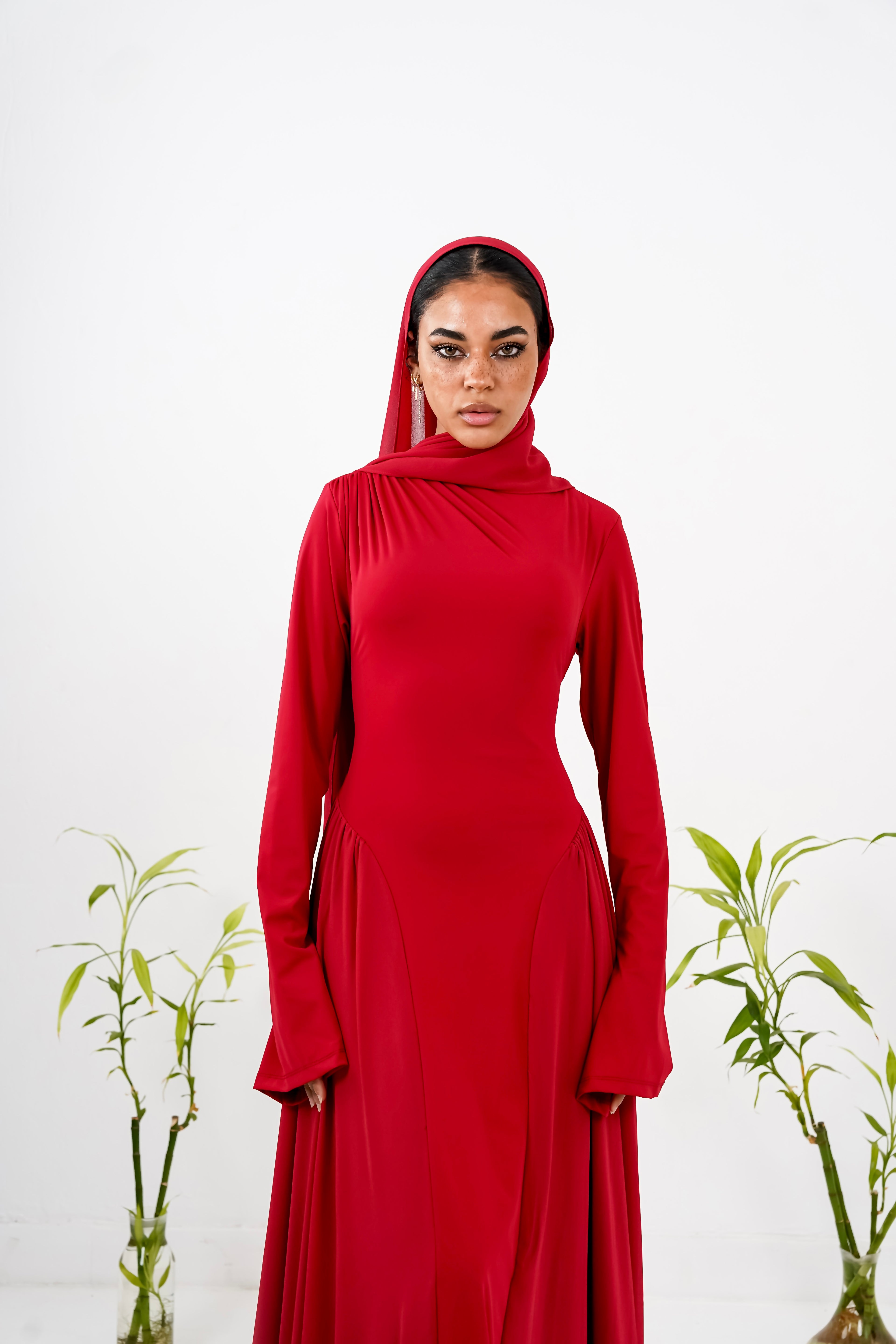 Amwaj gown with shoulder drappes in Dark red with chest cover