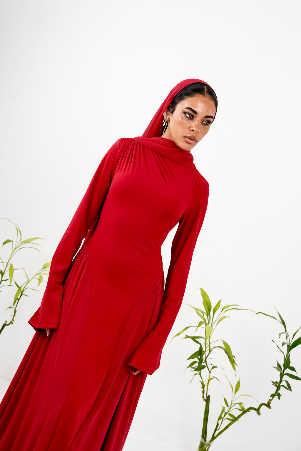 Amwaj gown with shoulder drappes in Dark red with chest cover