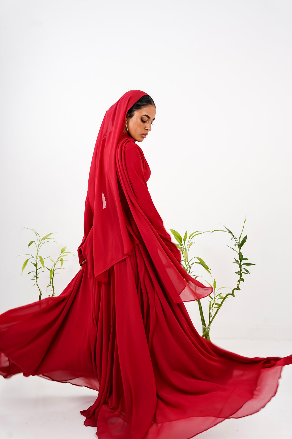 Amwaj gown with shoulder drappes in Dark red with chest cover