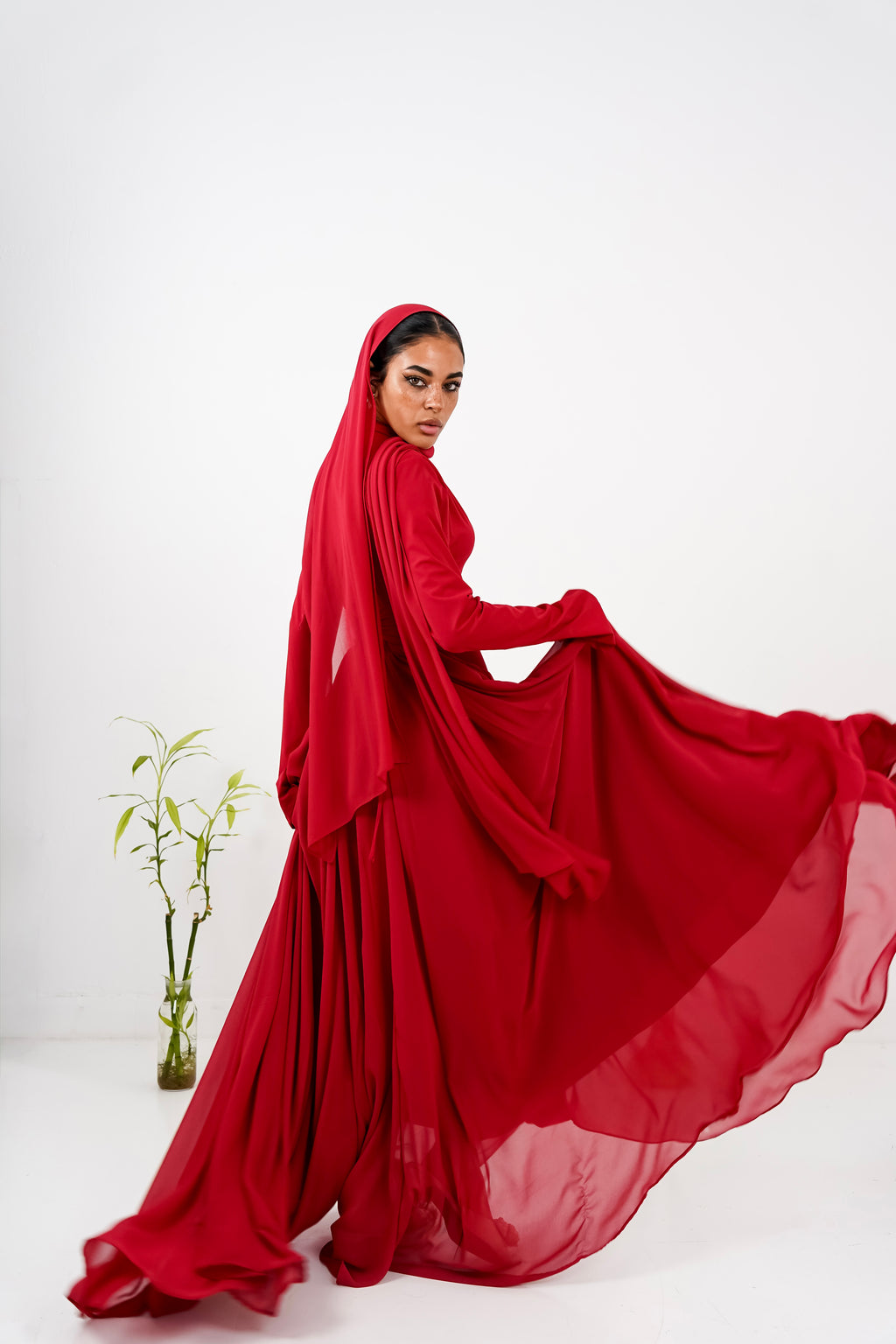 Amwaj gown with shoulder drappes in Dark red with chest cover
