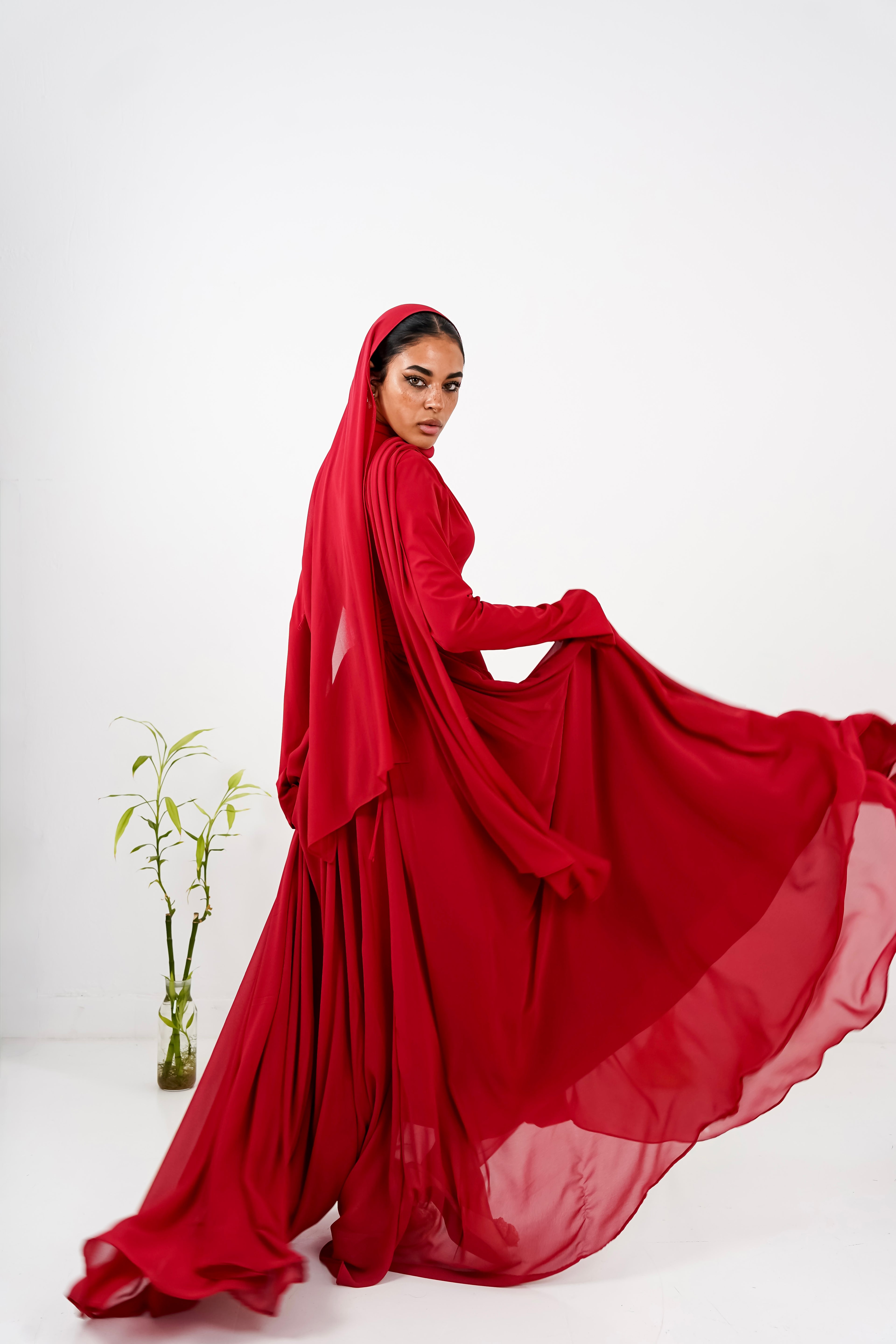 Amwaj gown with shoulder drappes in Dark red with chest cover