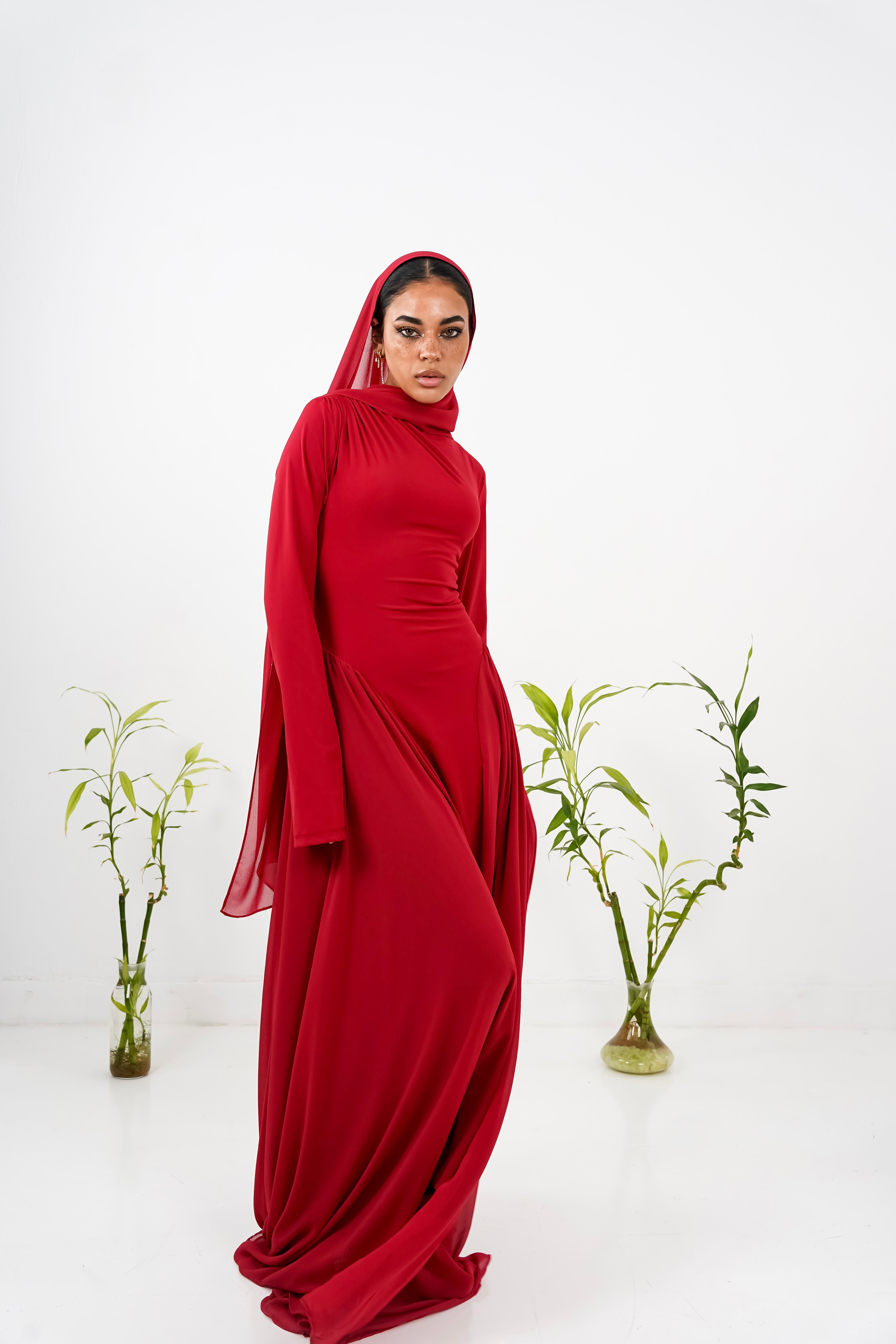 Amwaj gown with shoulder drappes in Dark red with chest cover