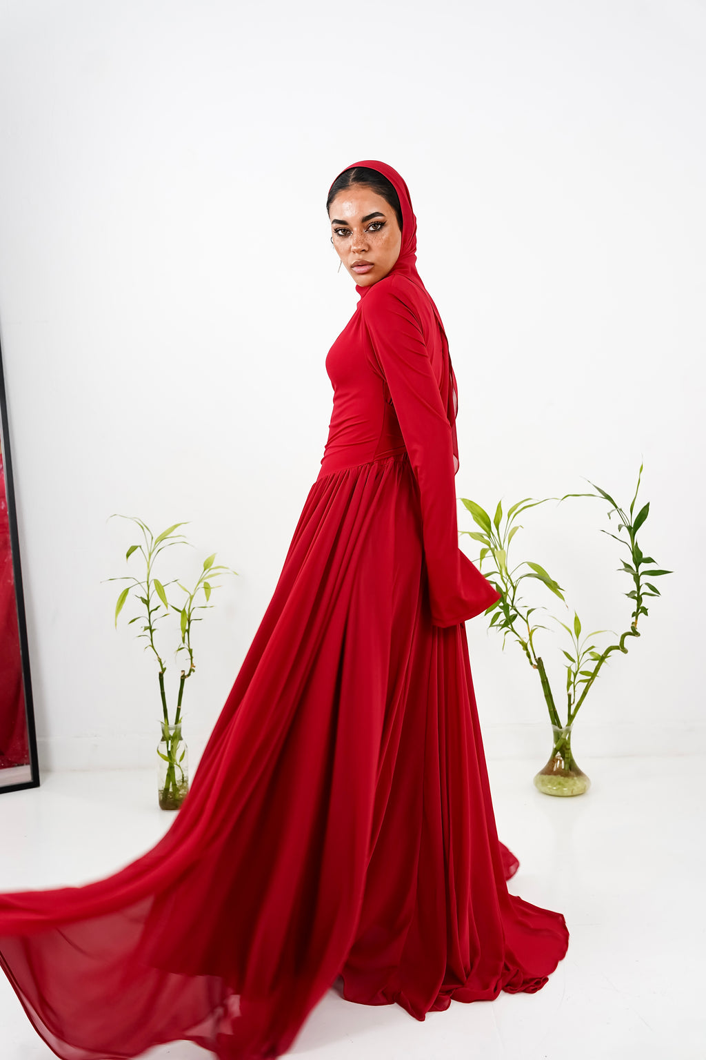 Amwaj gown with shoulder drappes in Dark red with chest cover