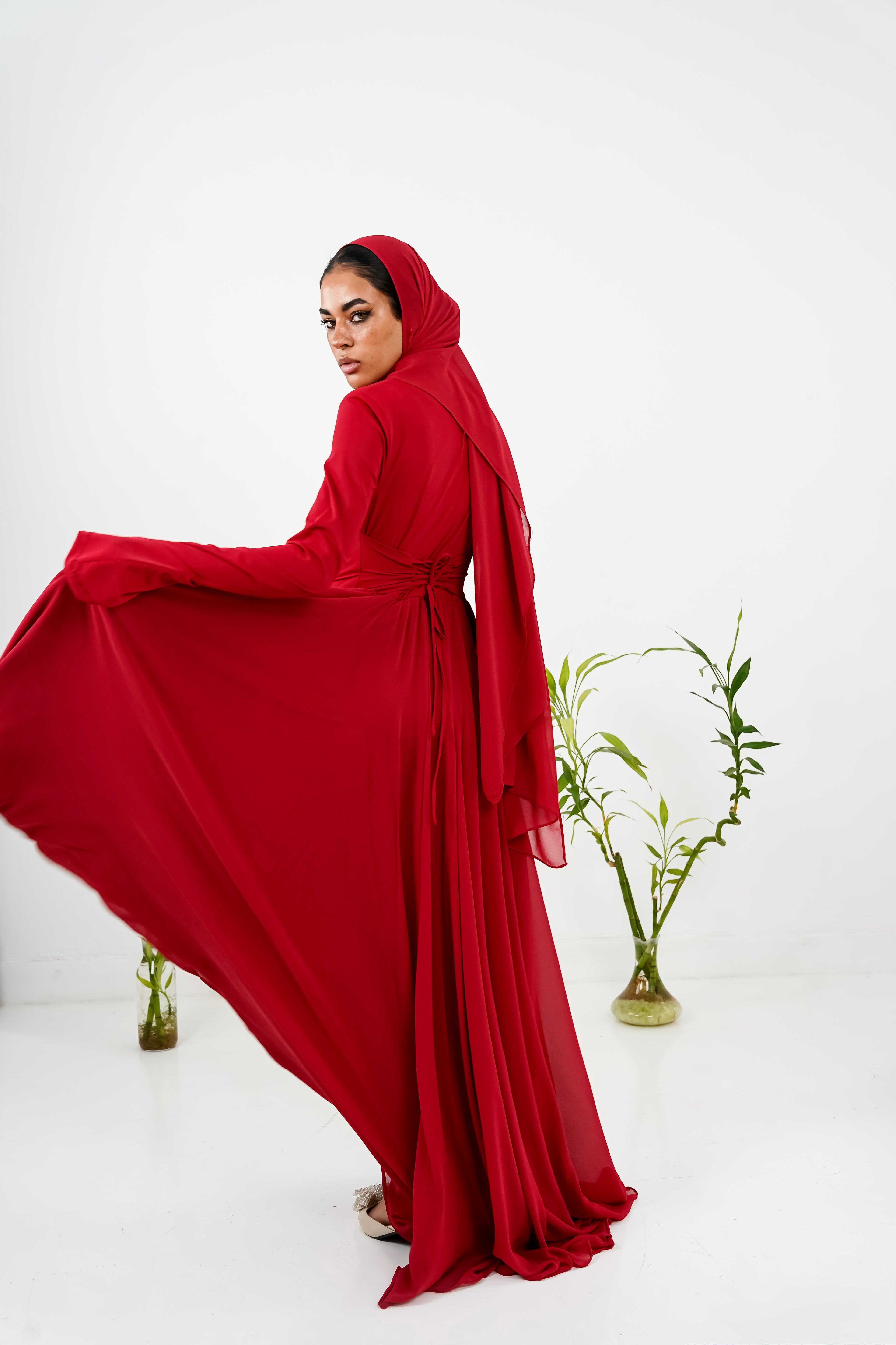 Amwaj gown with shoulder drappes in Dark red with chest cover