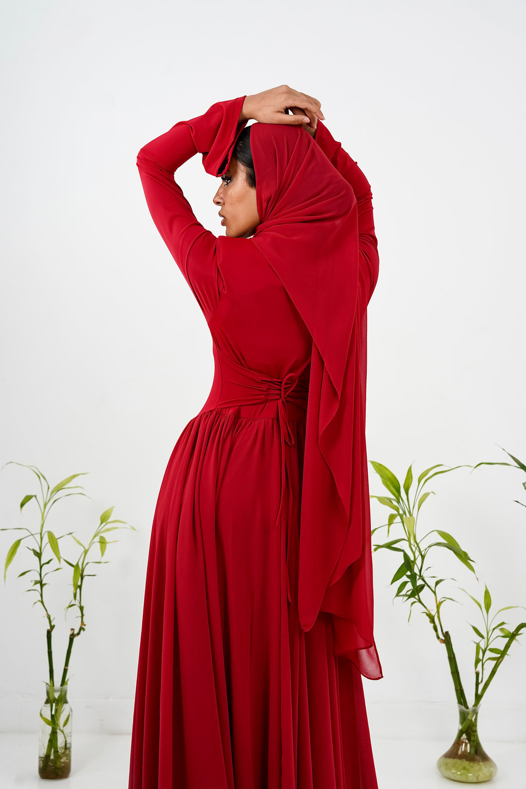 Amwaj gown with shoulder drappes in Dark red with chest cover