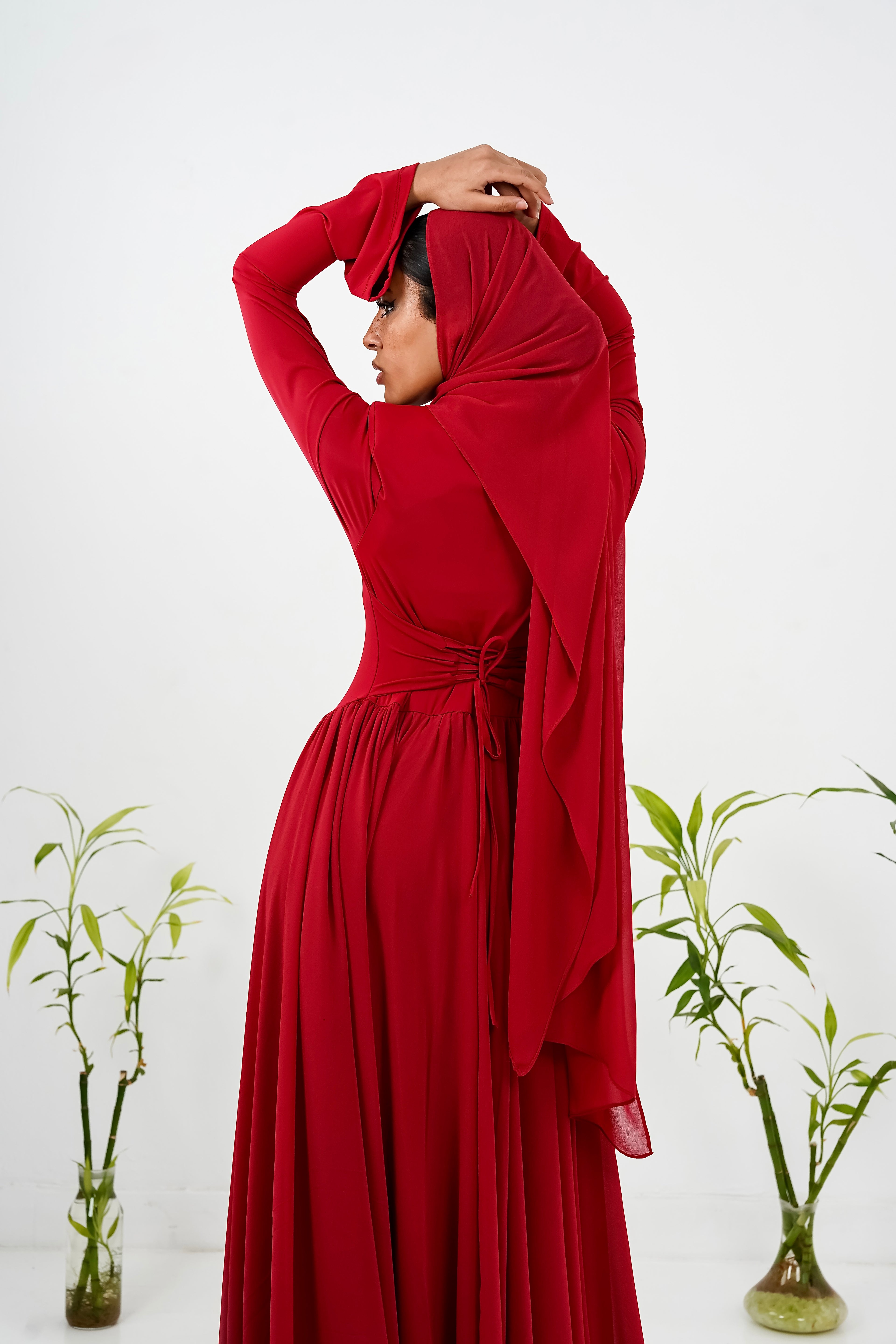 Amwaj gown with shoulder drappes in Dark red with chest cover
