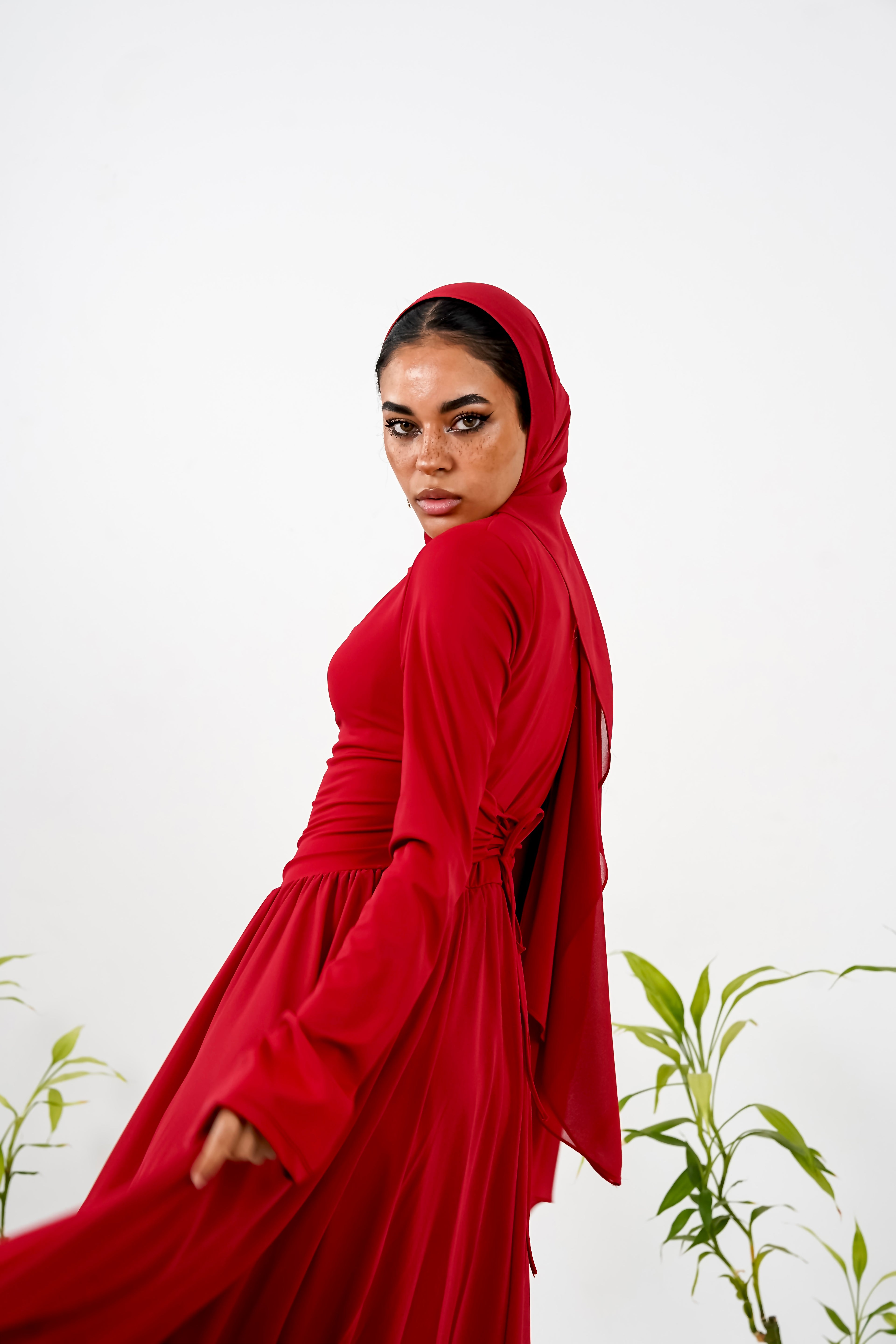 Amwaj gown with shoulder drappes in Dark red with chest cover