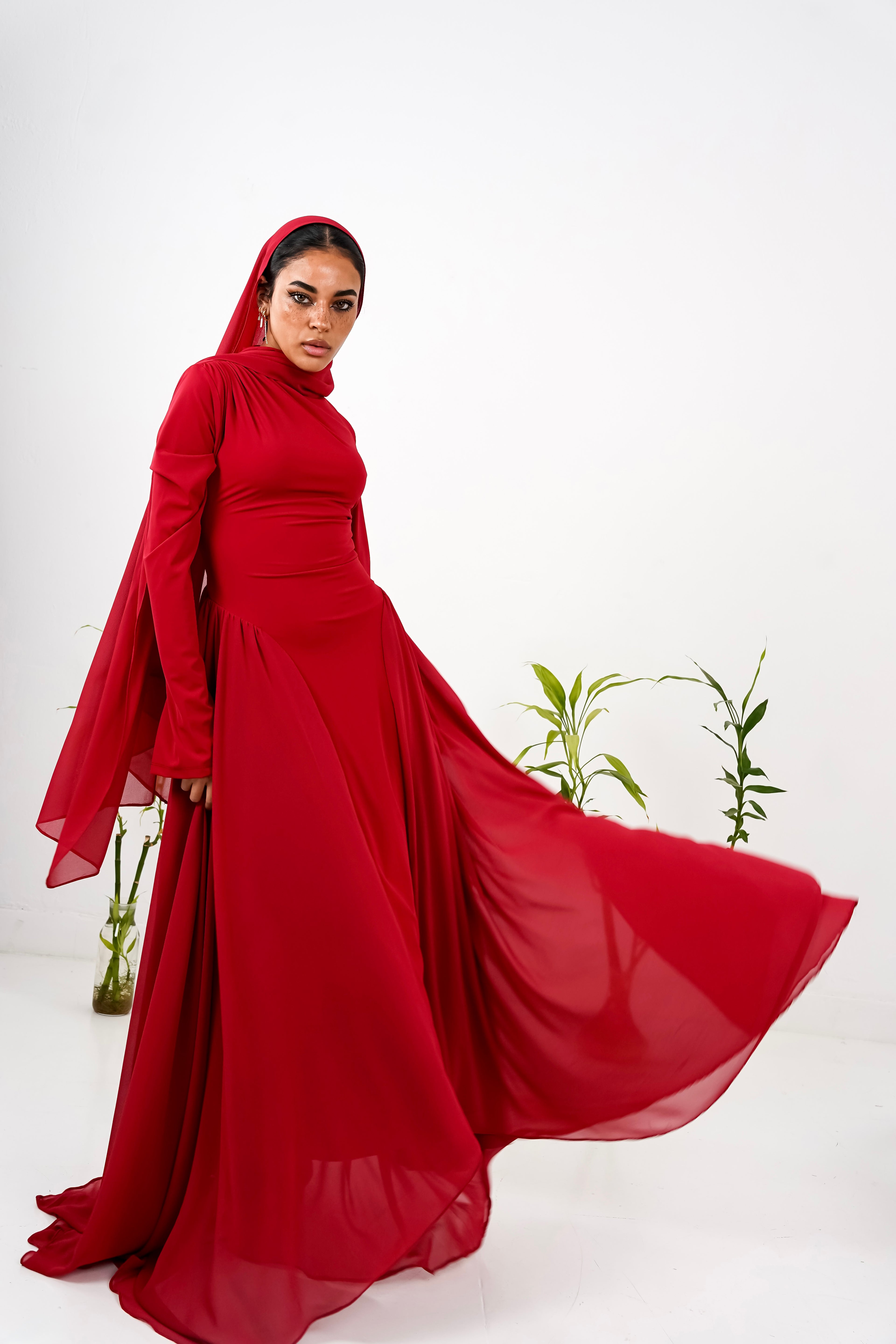 Amwaj gown with shoulder drappes in Dark red with chest cover