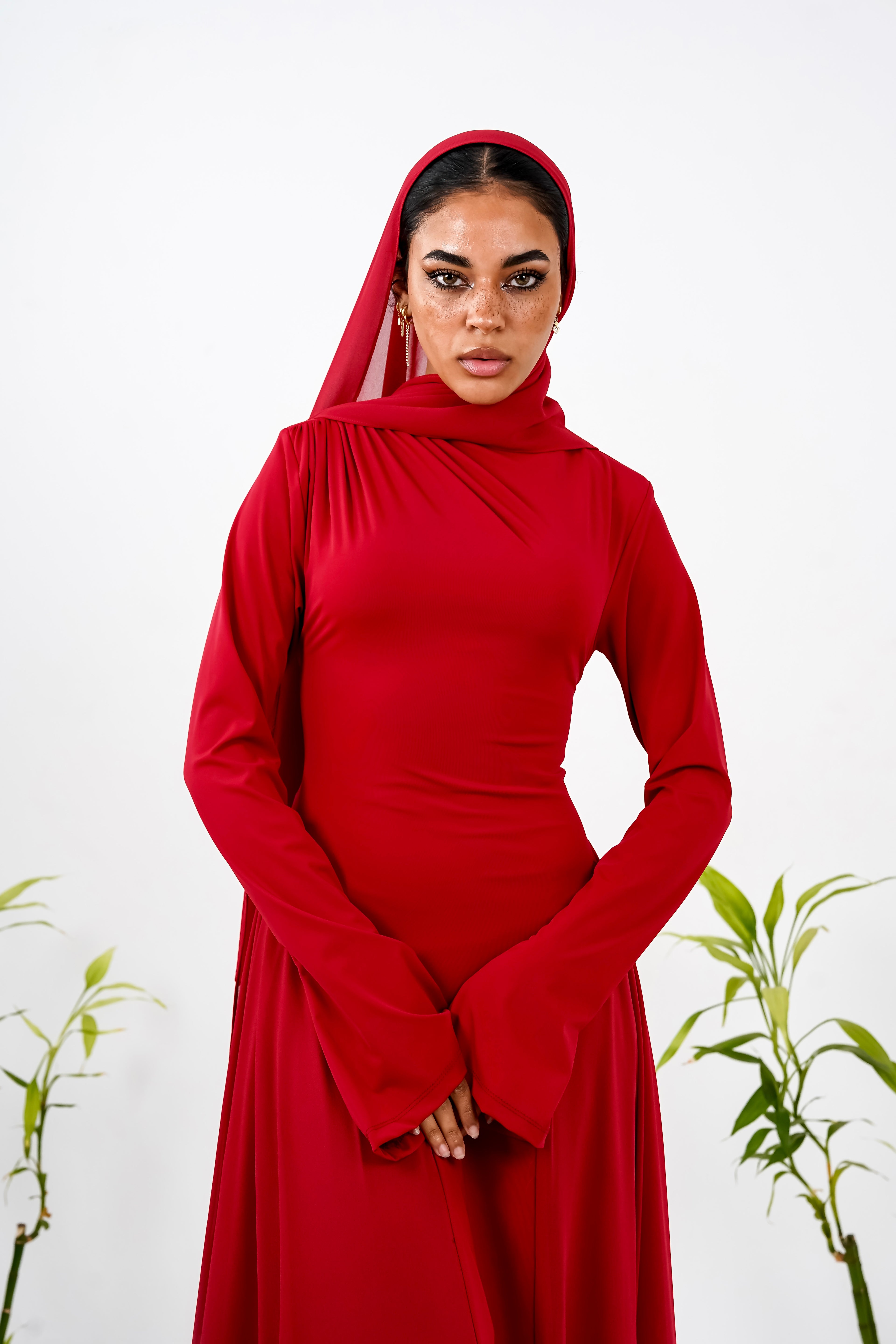 Amwaj gown with shoulder drappes in Dark red with chest cover