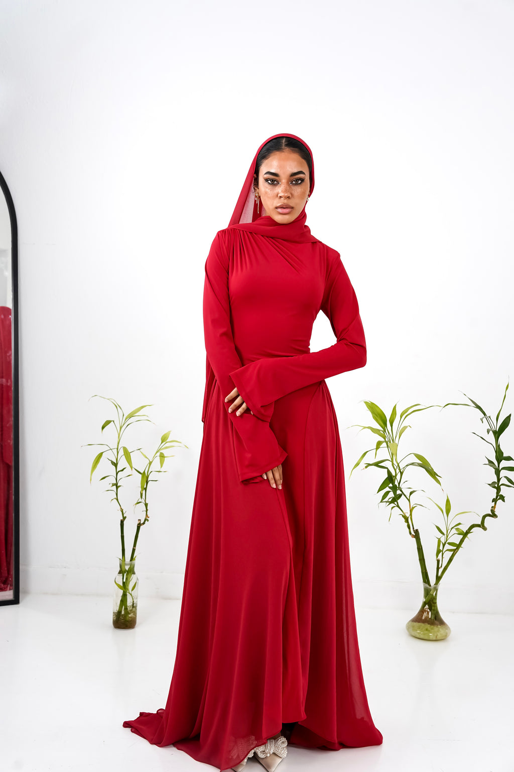 Amwaj gown with shoulder drappes in Dark red with chest cover