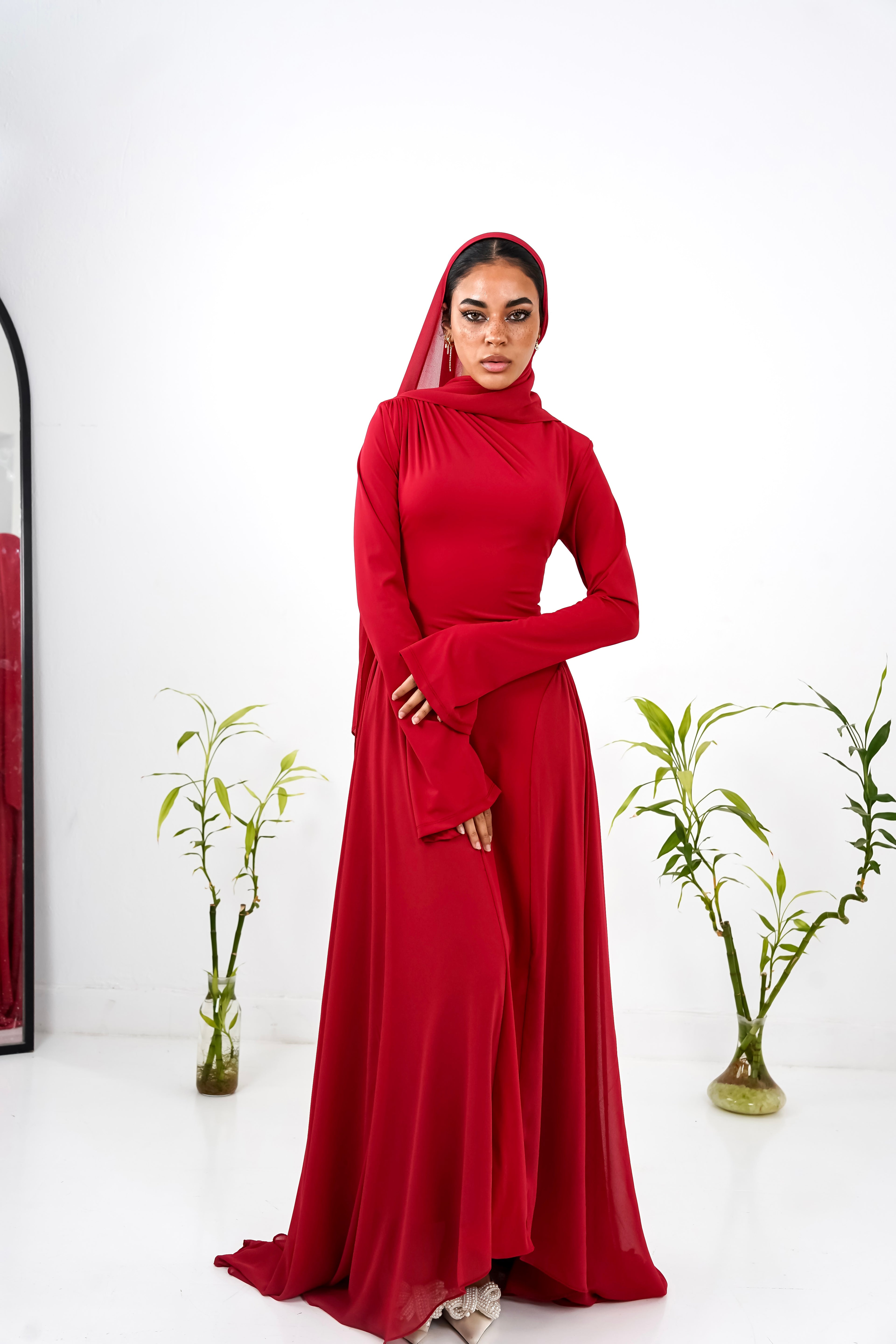 Amwaj gown with shoulder drappes in Dark red with chest cover