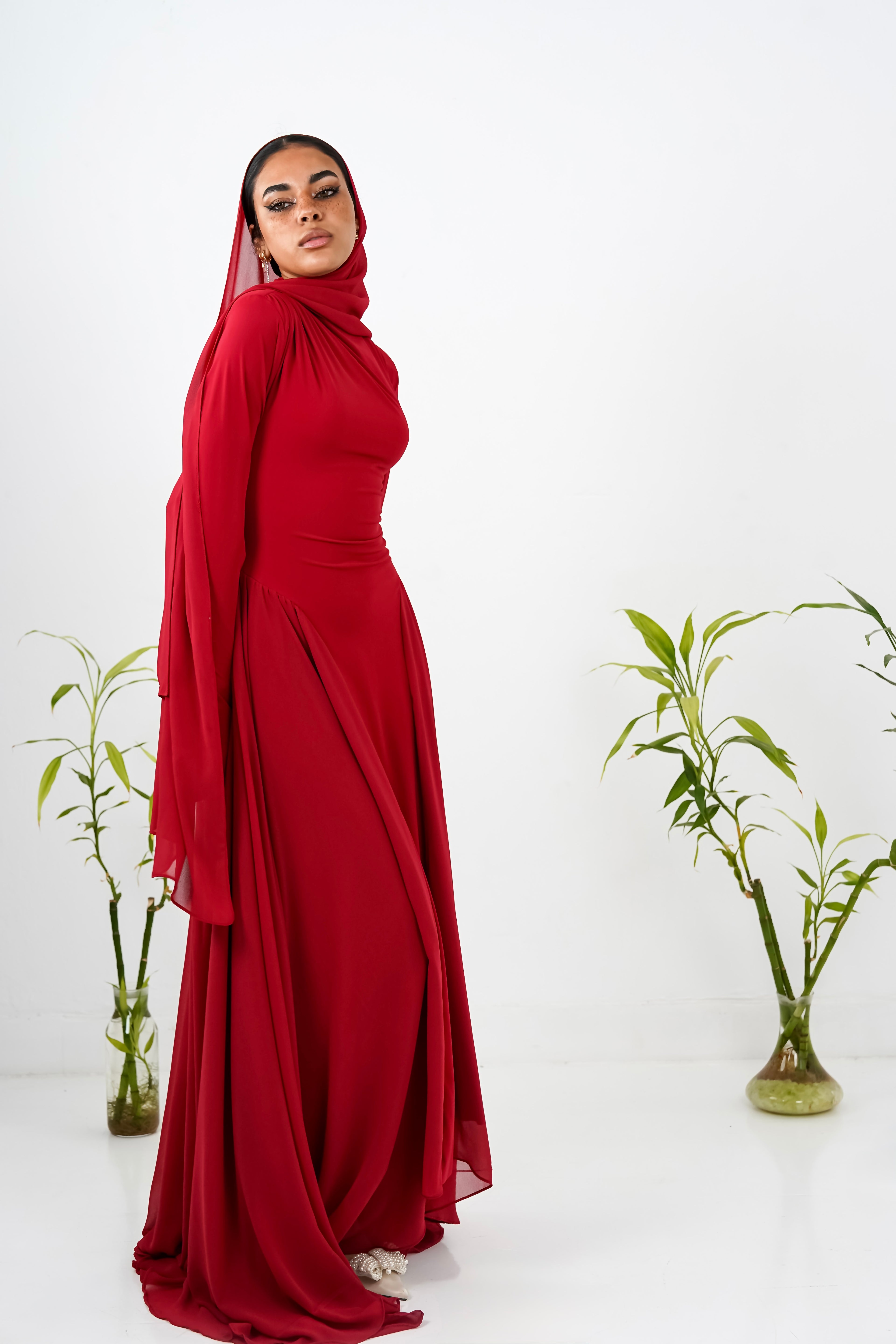 Amwaj gown with shoulder drappes in Dark red with chest cover
