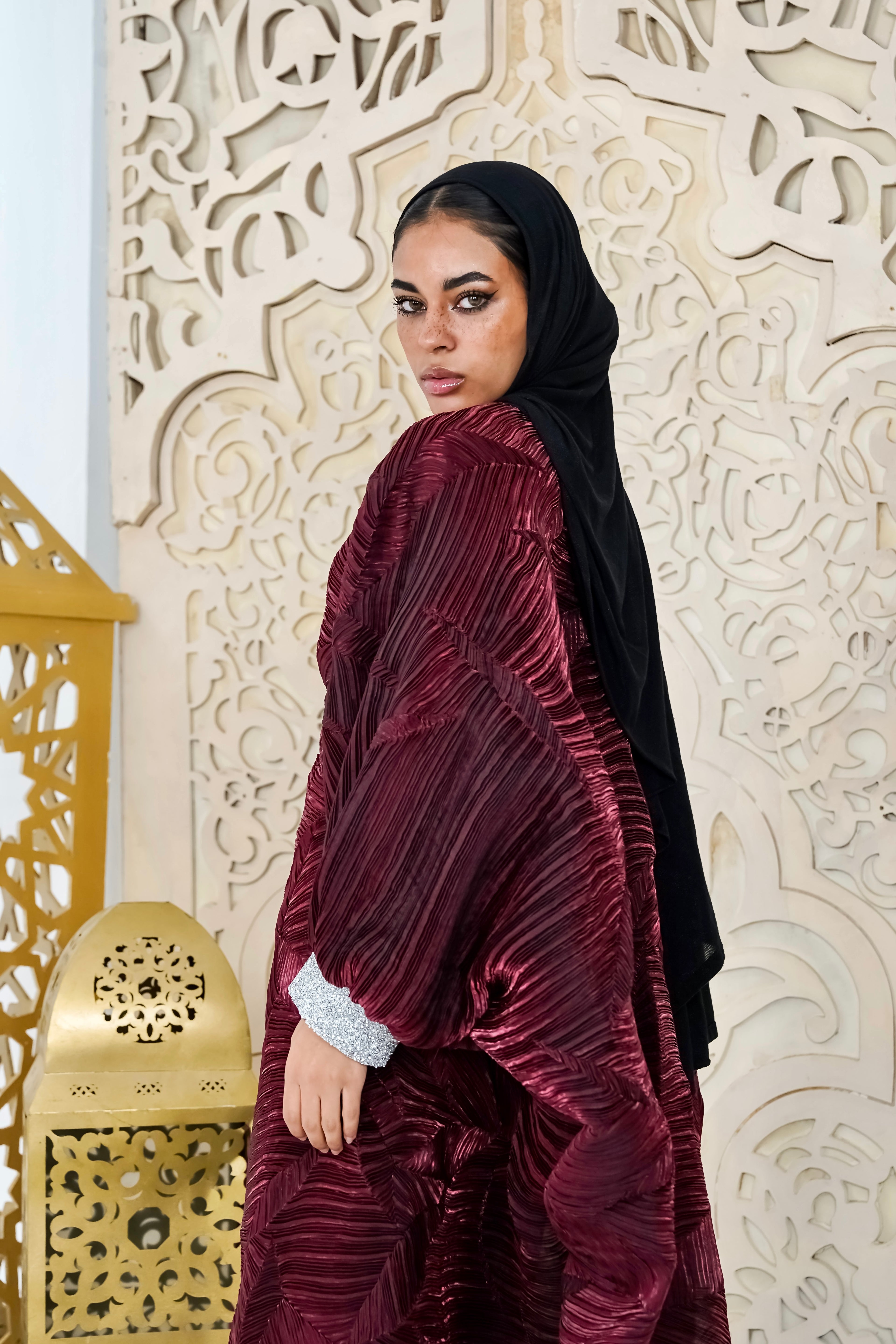 Majestic burgundy Organza Plissé Kaftan
