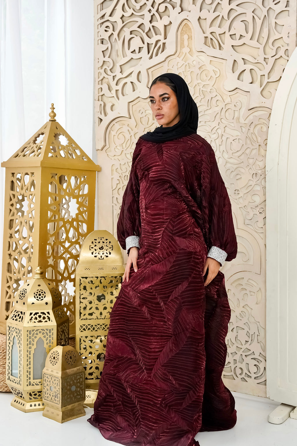Majestic burgundy Organza Plissé Kaftan