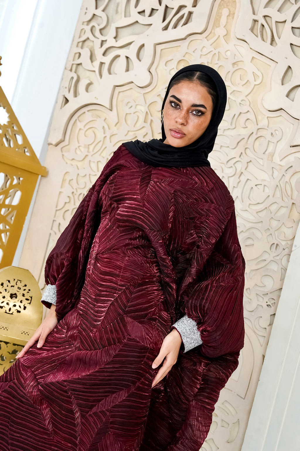 Majestic burgundy Organza Plissé Kaftan