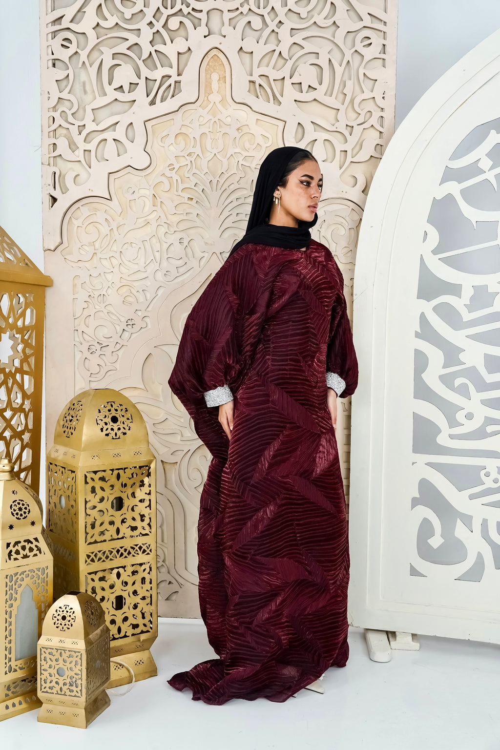 Majestic burgundy Organza Plissé Kaftan