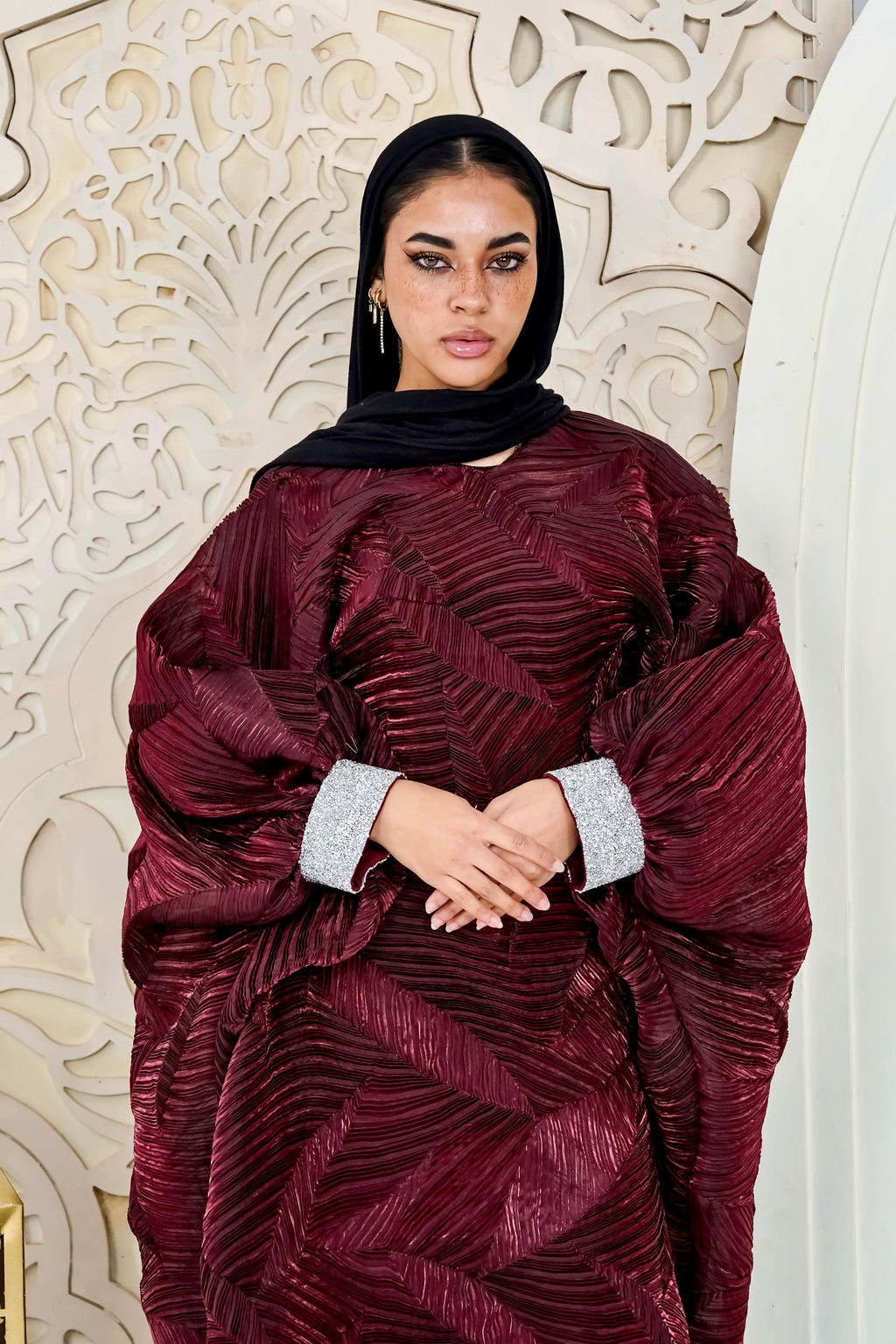 Majestic burgundy Organza Plissé Kaftan