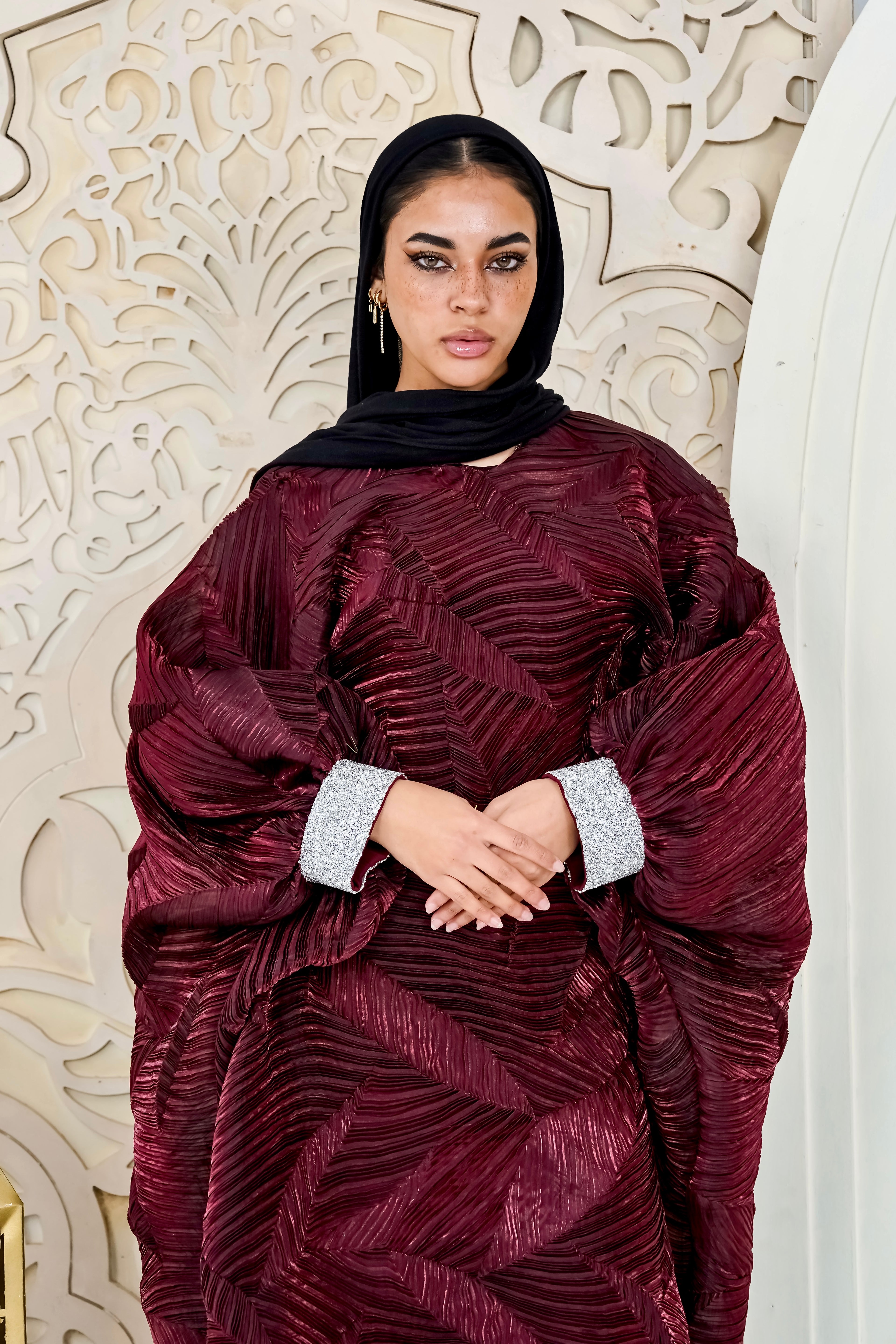Majestic burgundy Organza Plissé Kaftan