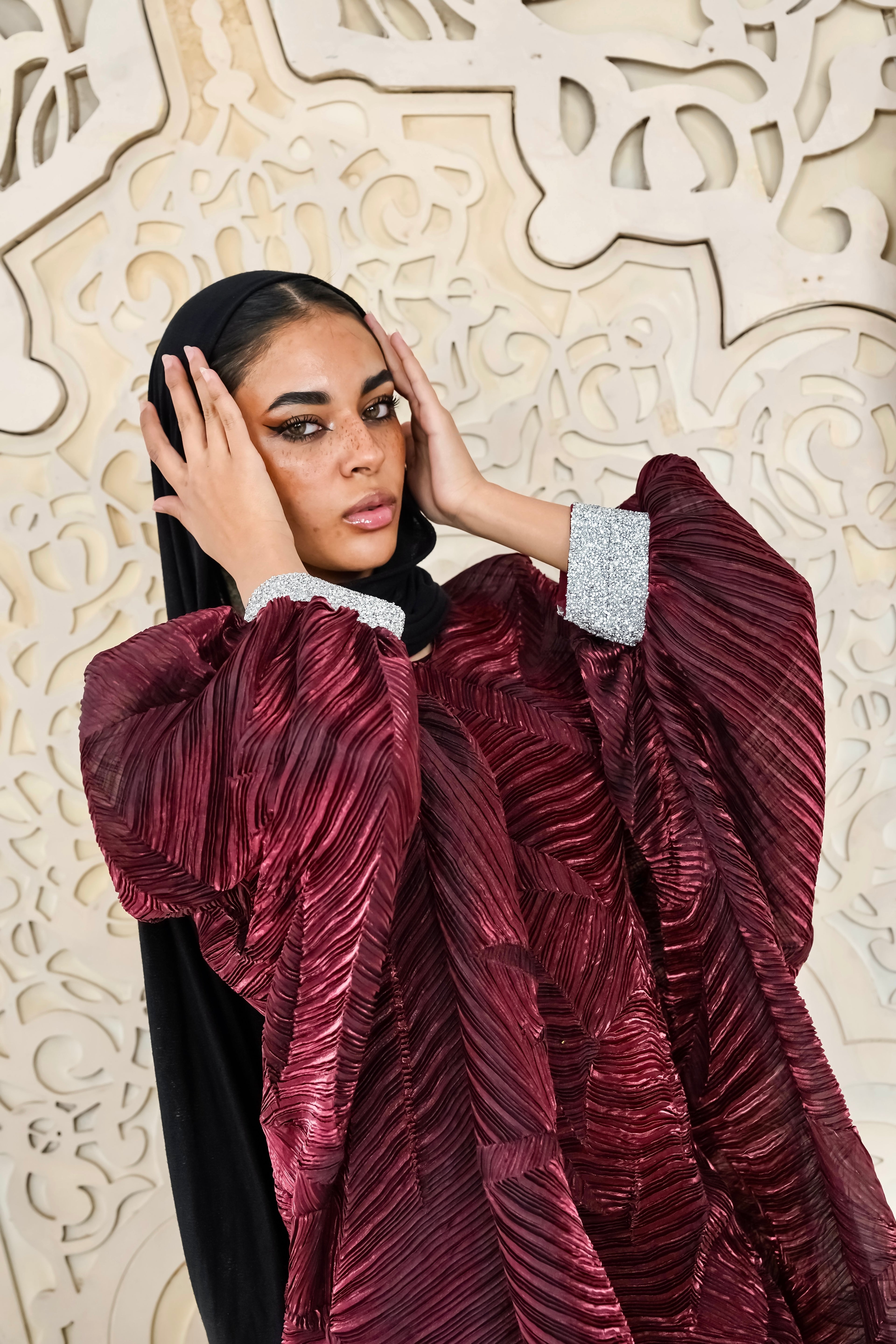 Majestic burgundy Organza Plissé Kaftan