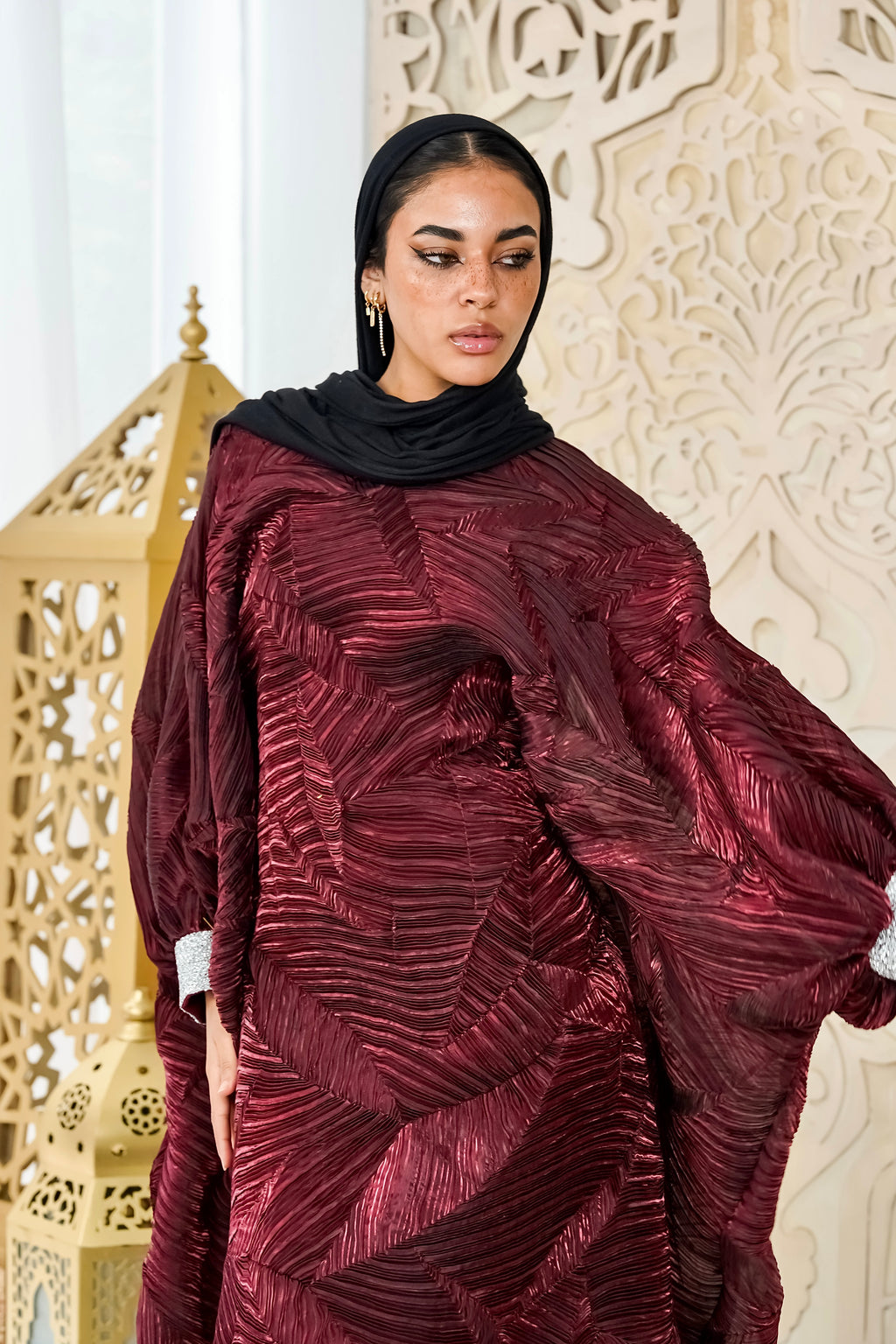 Majestic burgundy Organza Plissé Kaftan