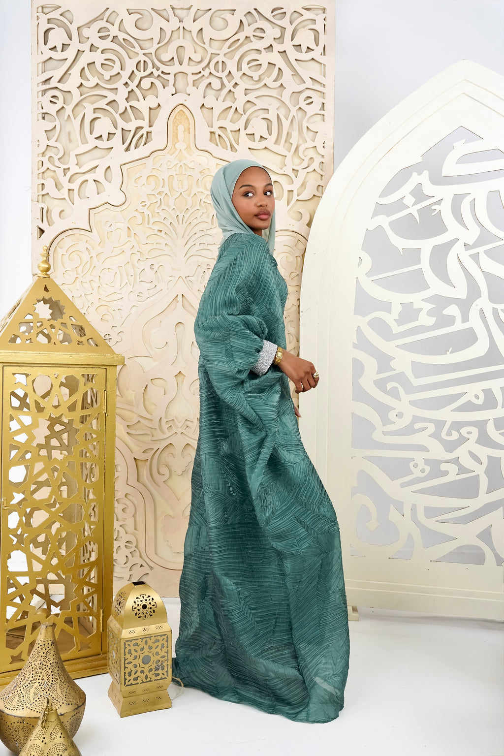 Emerald Organza Plissé Kaftan