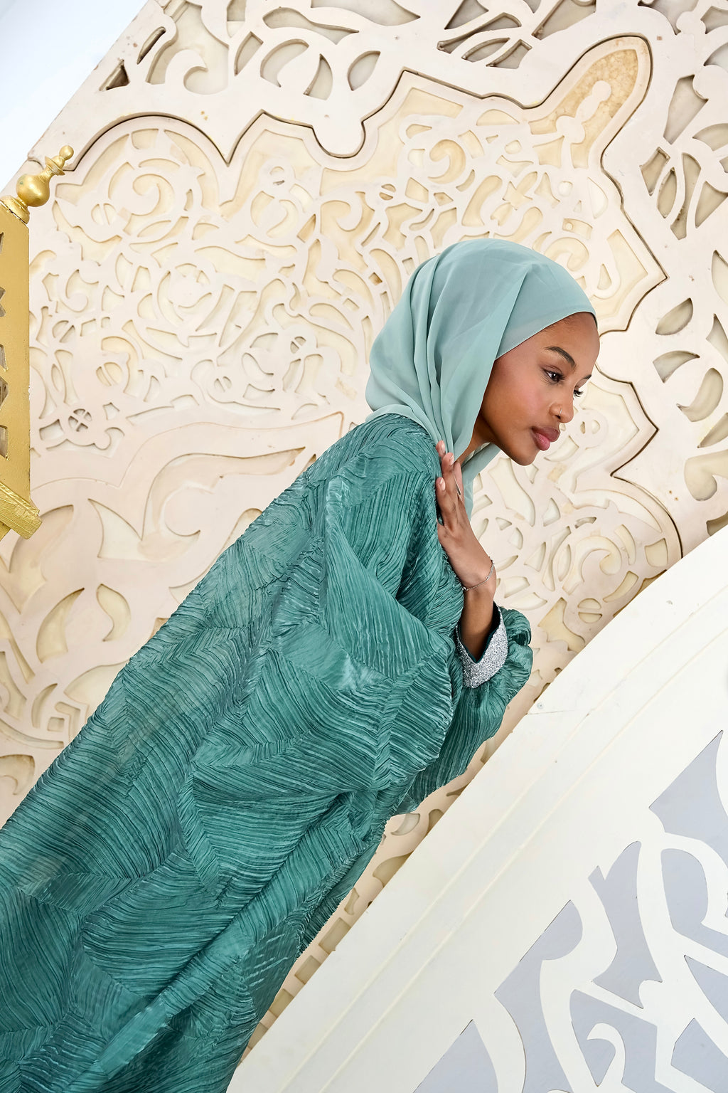 Emerald Organza Plissé Kaftan
