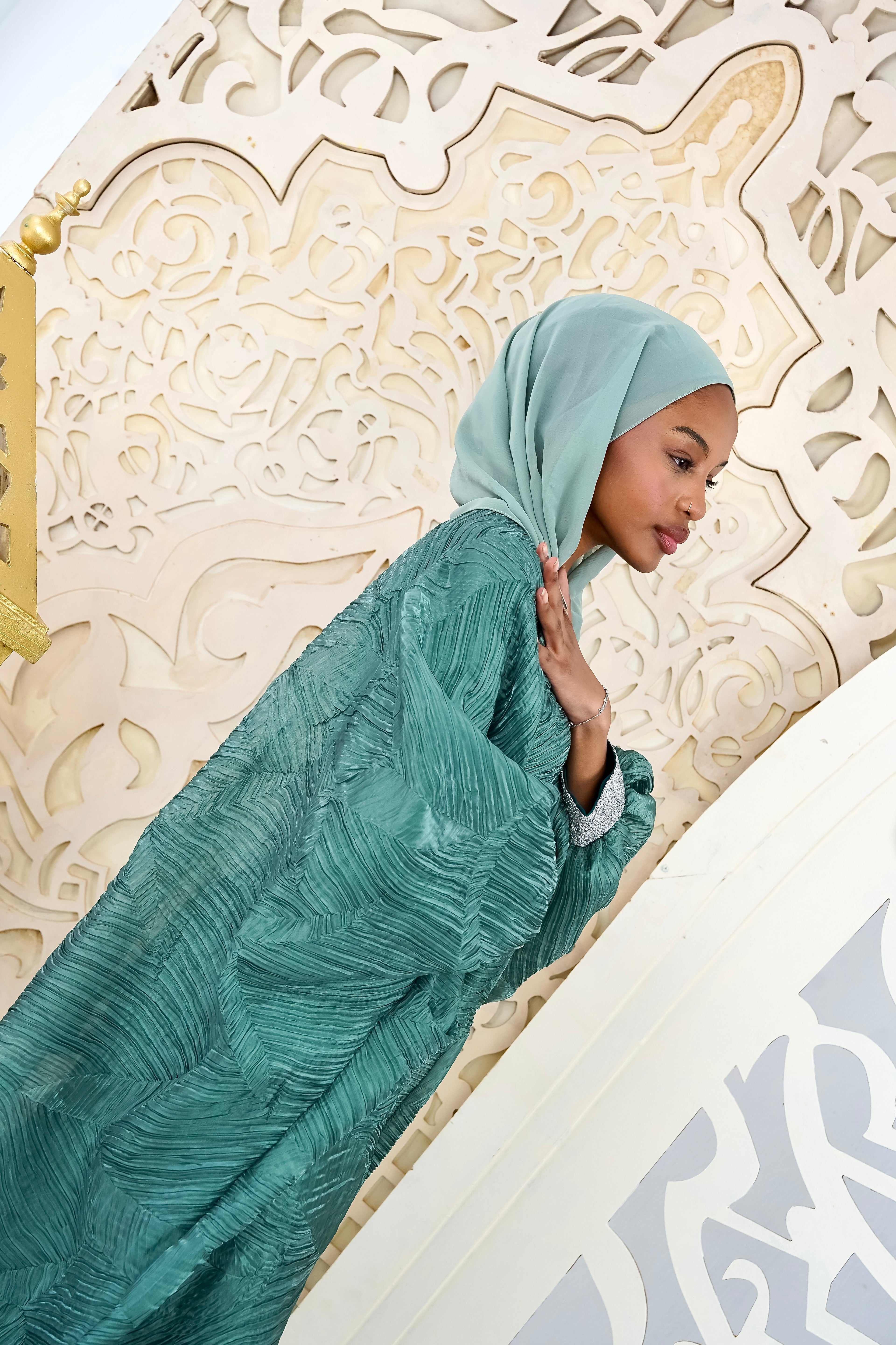 Emerald Organza Plissé Kaftan