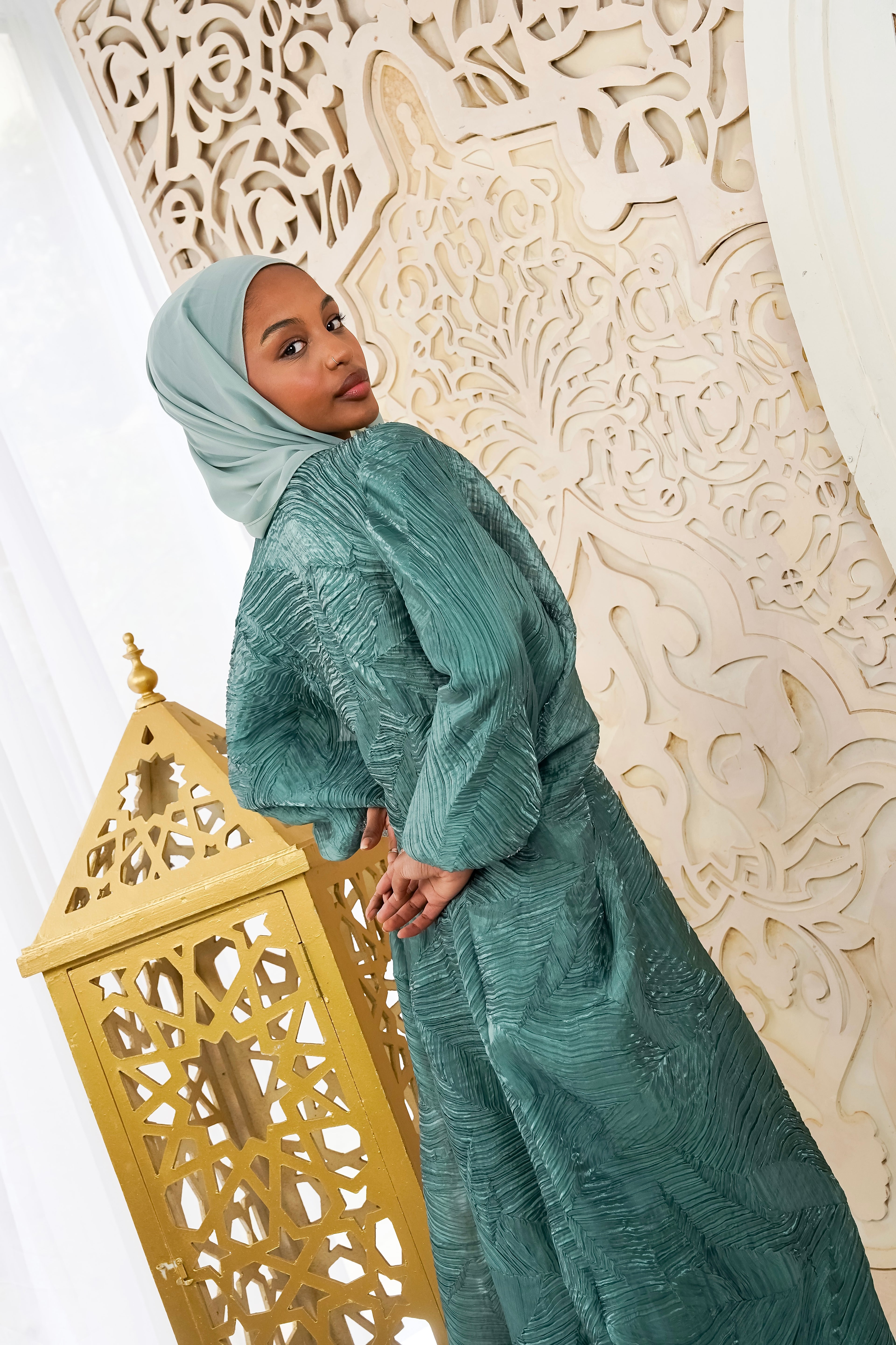 Emerald Organza Plissé Kaftan