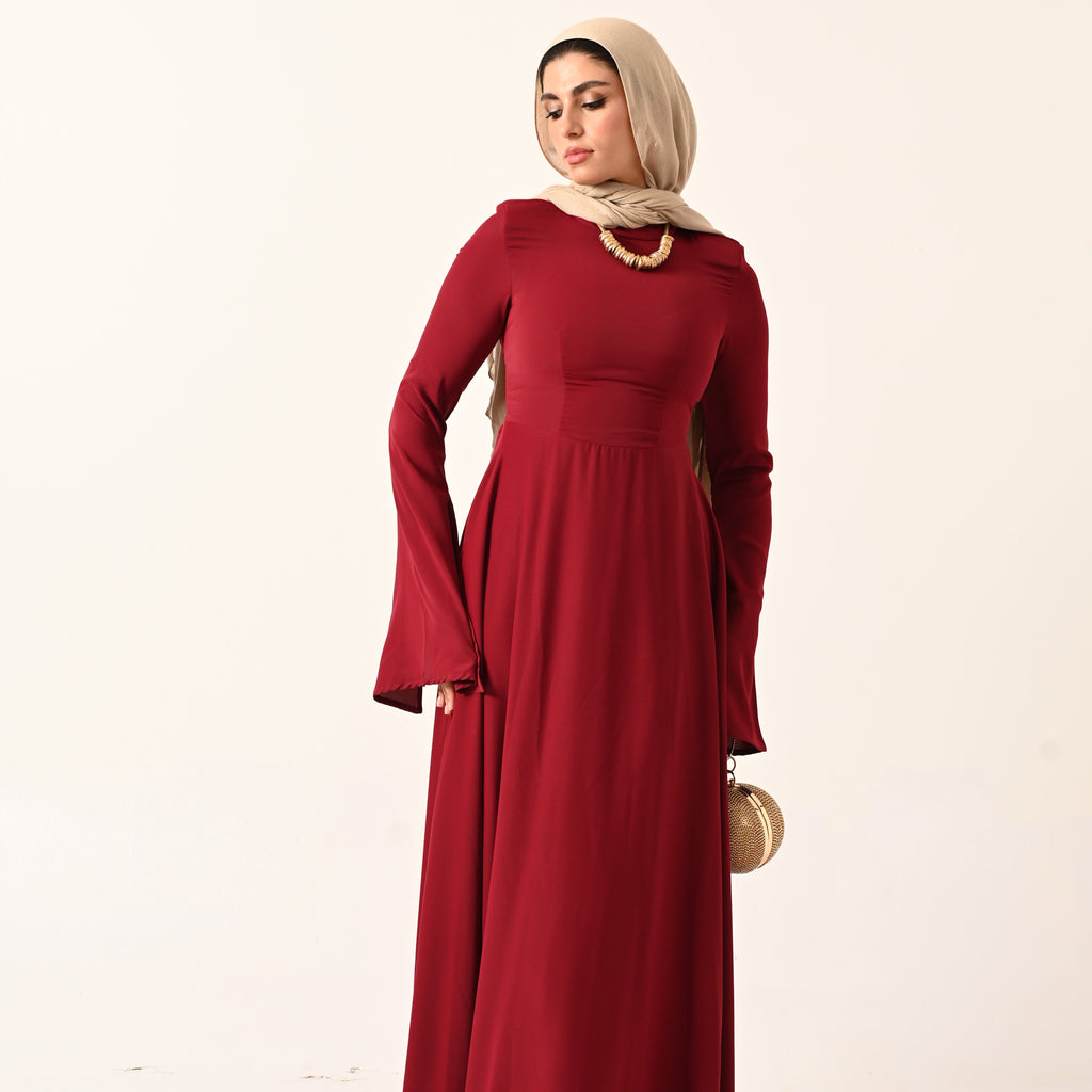 long sleeves A-line dress in dark red