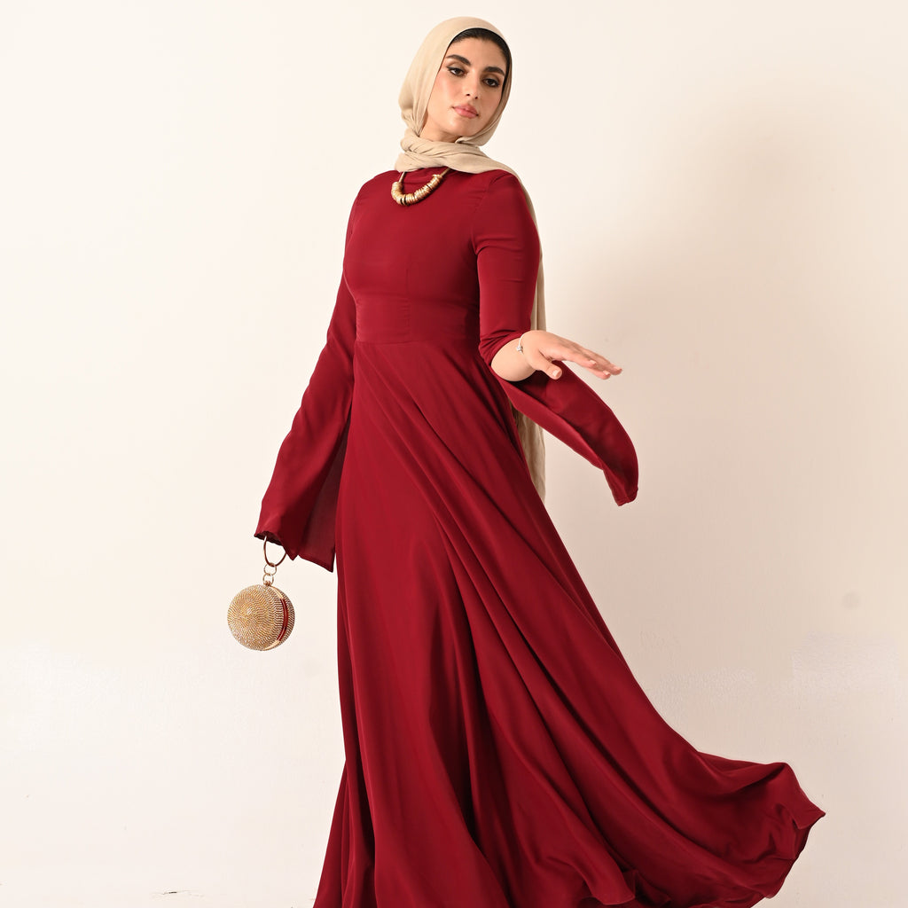 long sleeves A-line dress in dark red