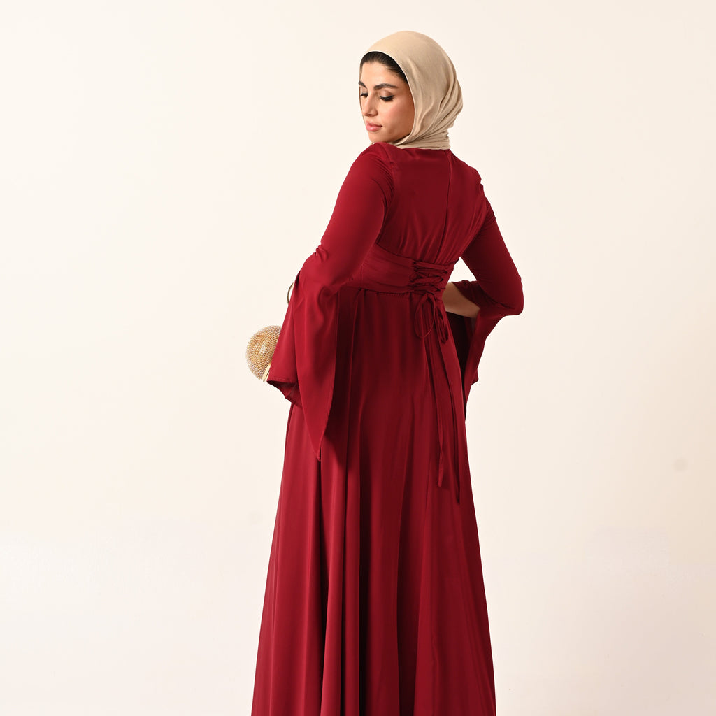 long sleeves A-line dress in dark red