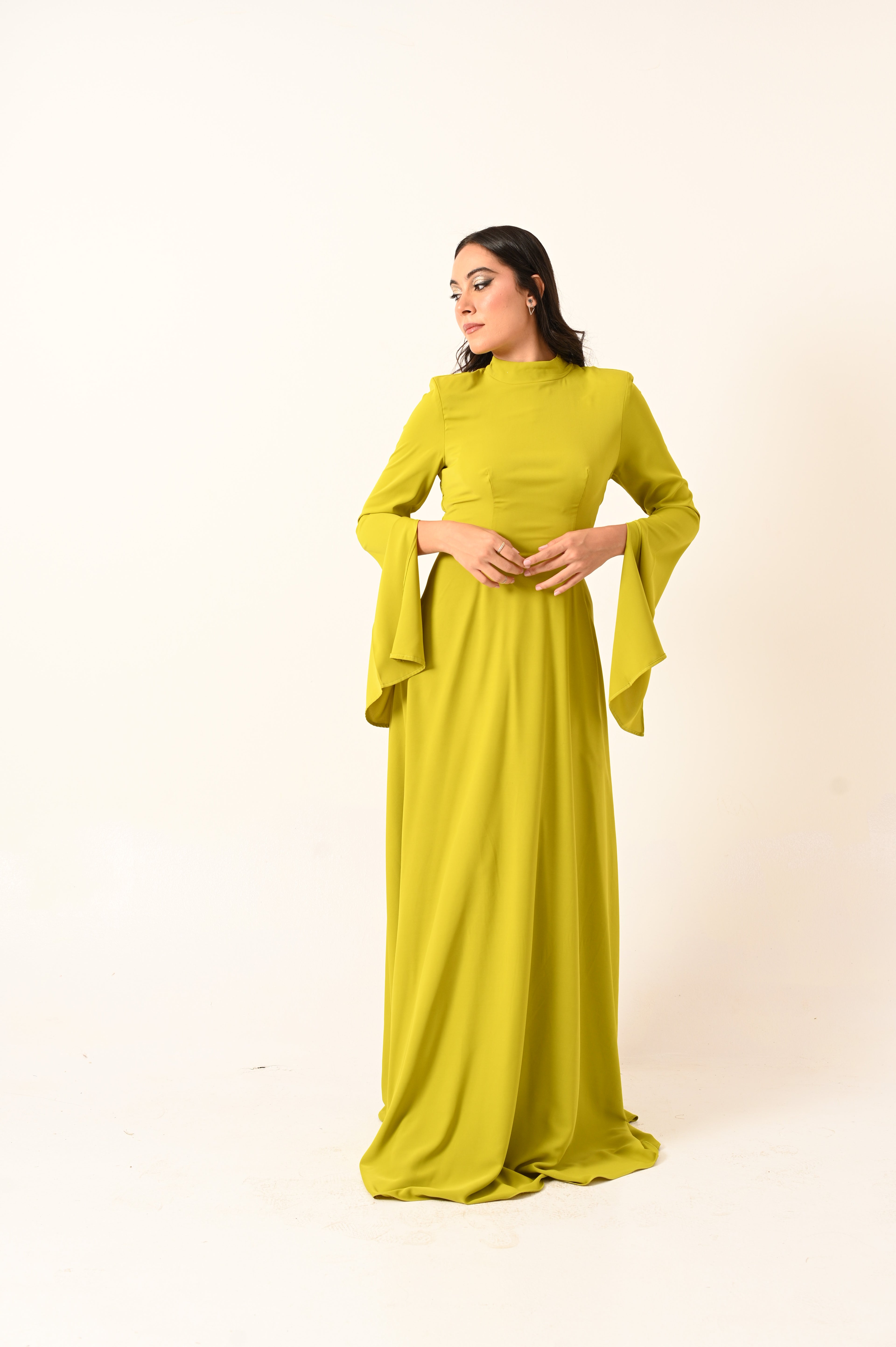 Long Sleeves A-Line Dress in Lime