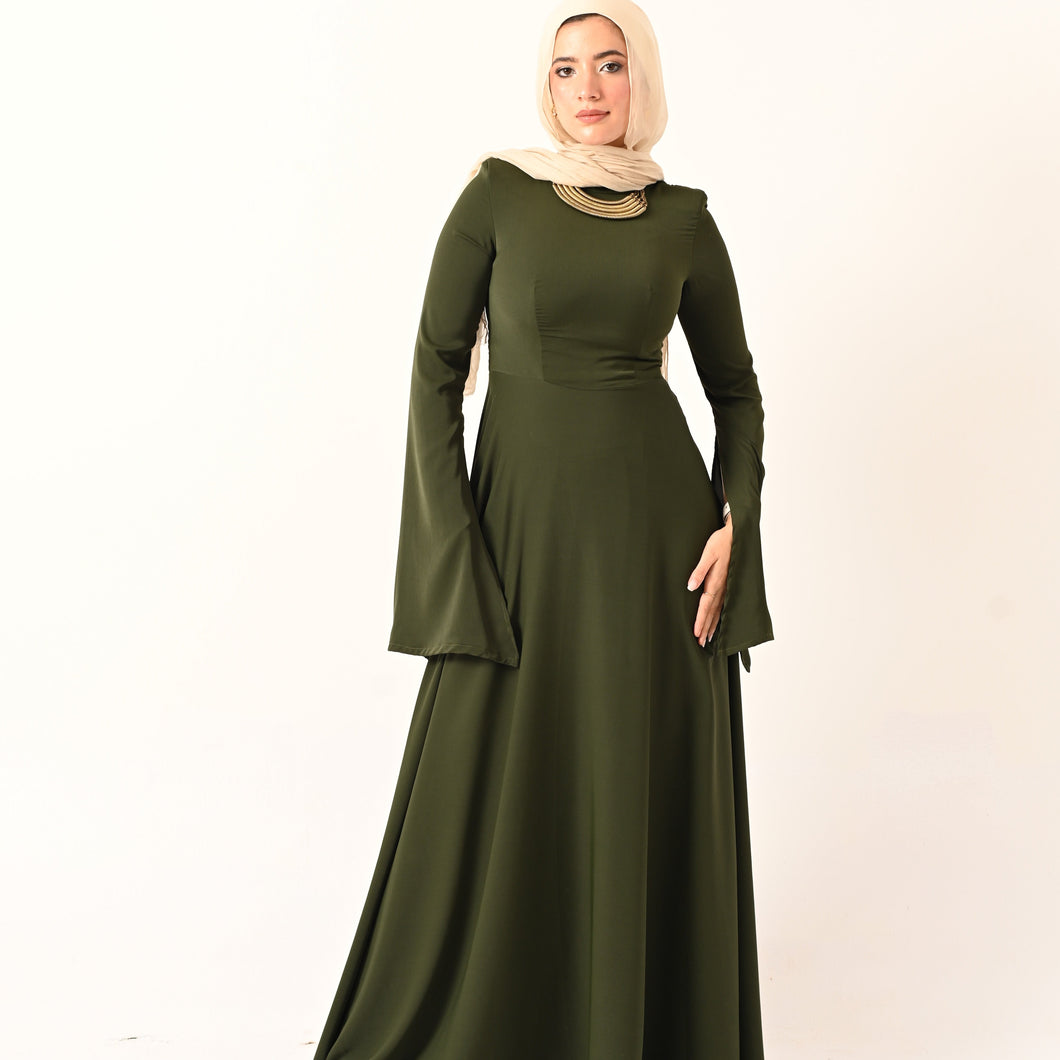 Long Sleeves A- Line dress in olive