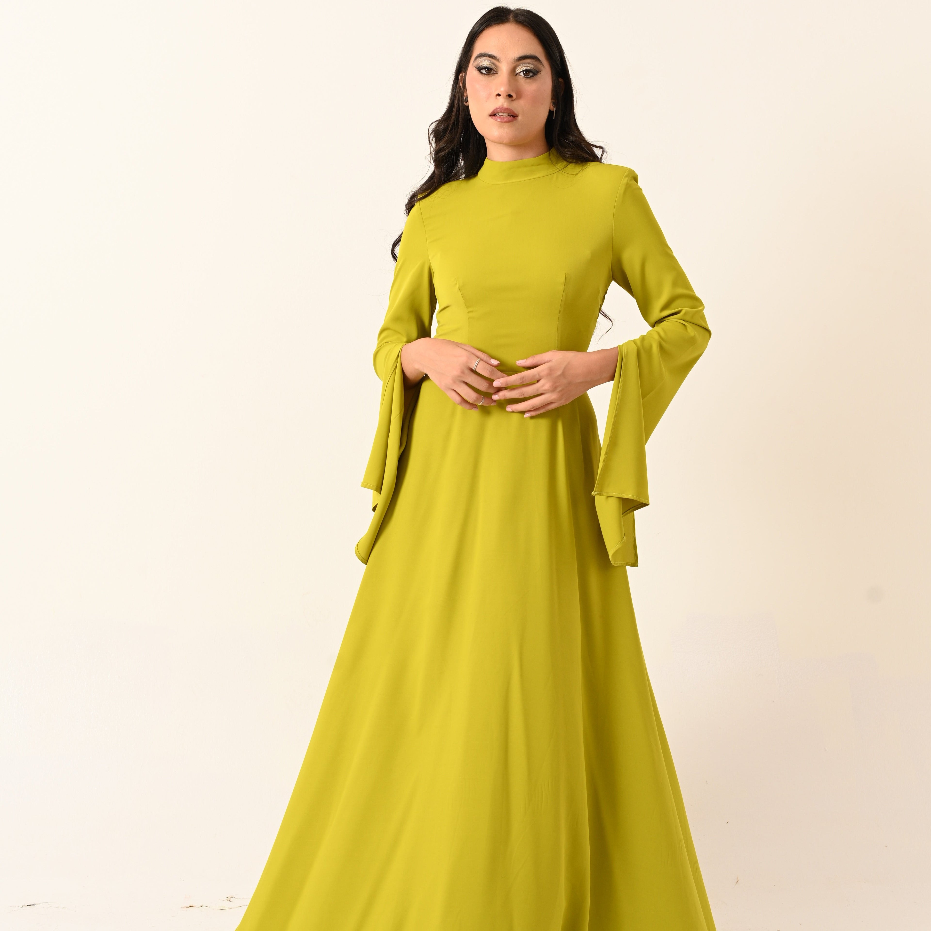 Long Sleeves A-Line Dress in Lime
