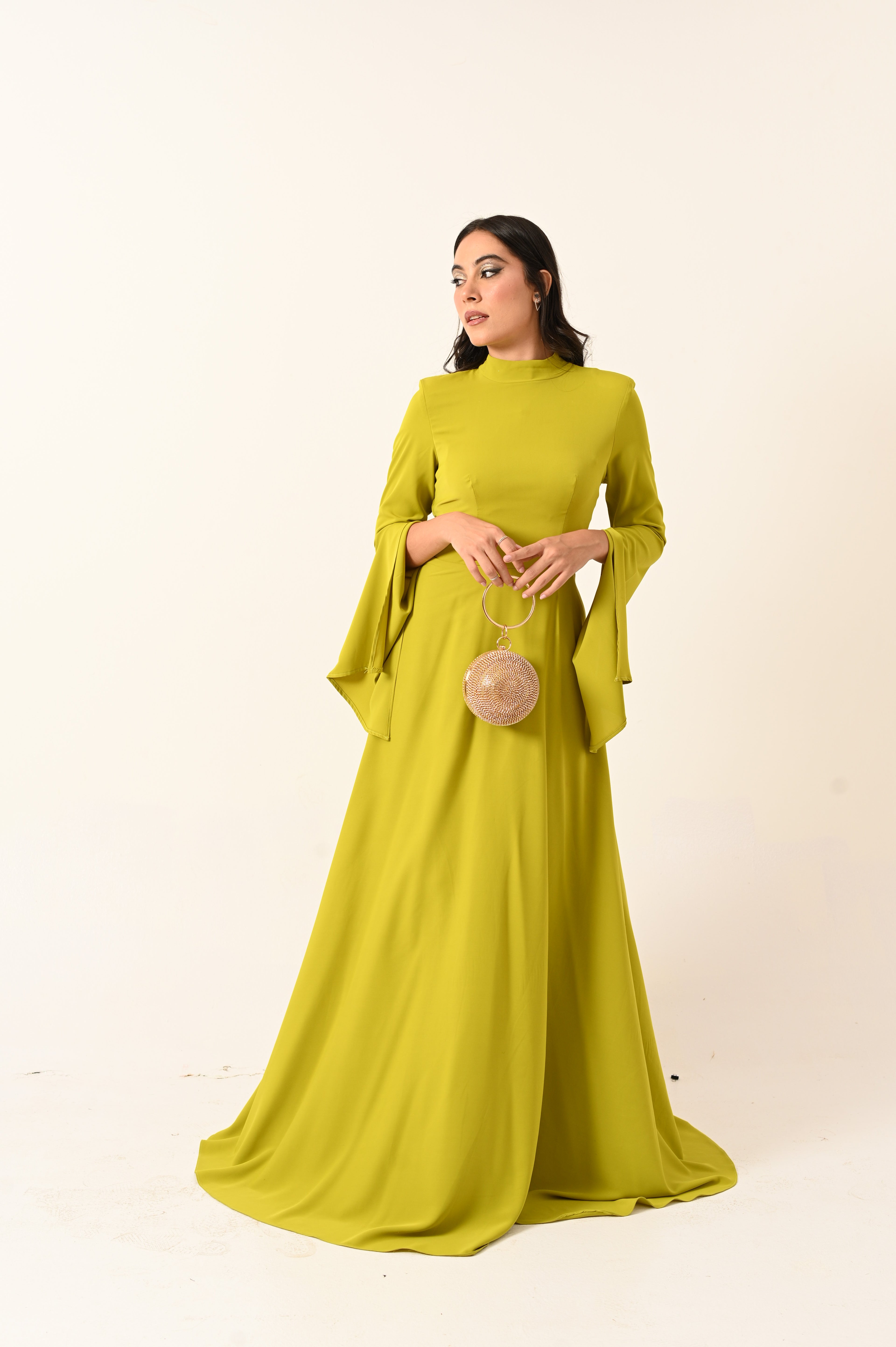 Long Sleeves A-Line Dress in Lime