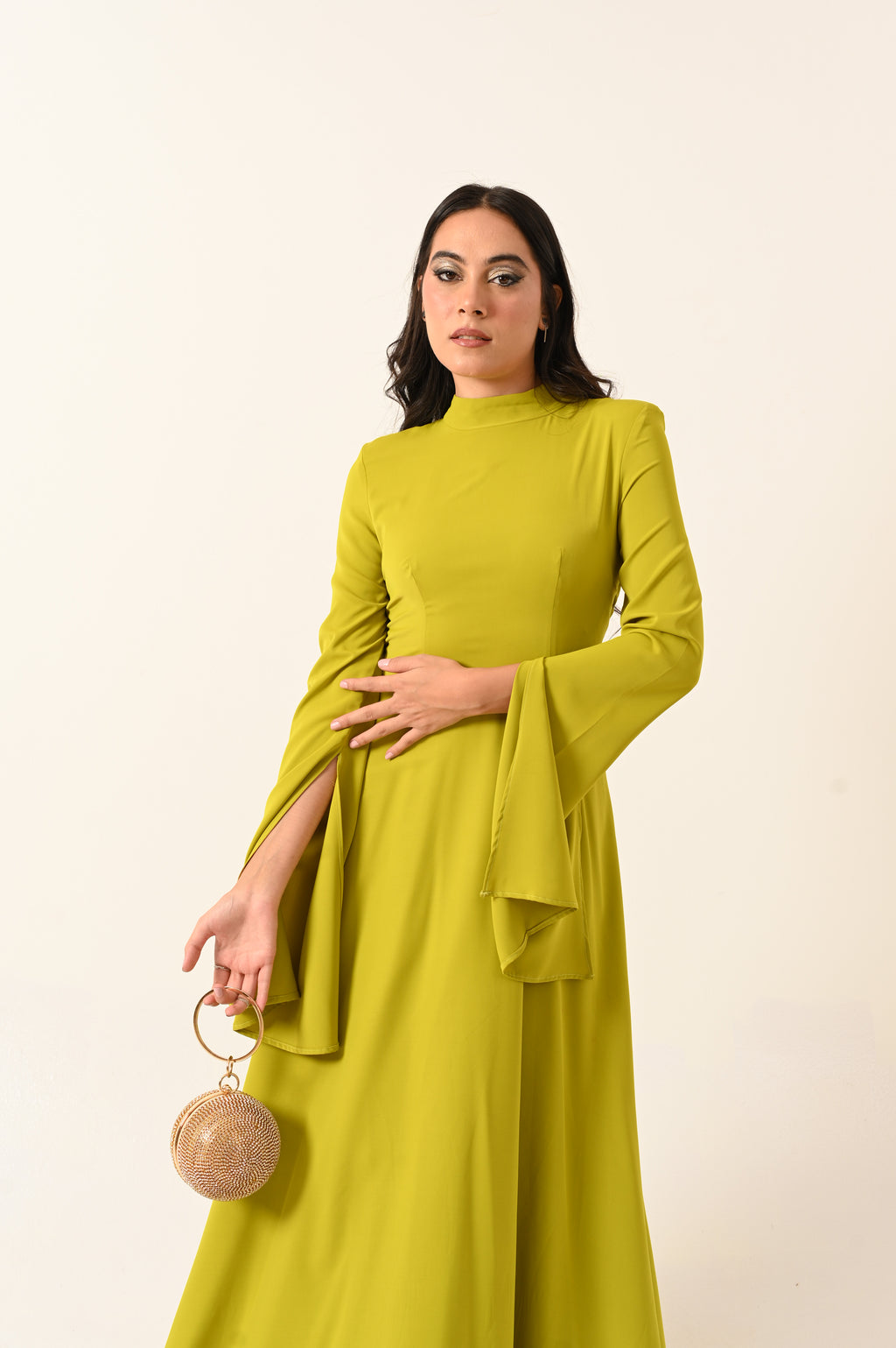 Long Sleeves A-Line Dress in Lime