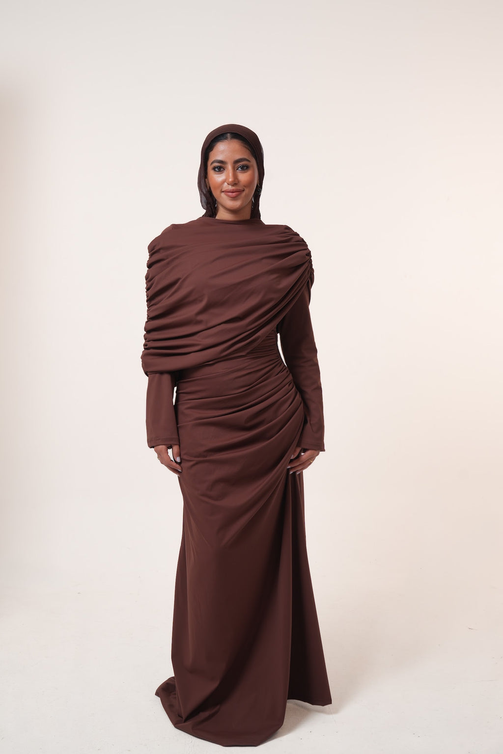 One-Side Draped Maxi Dress with Chest Cover in Brown