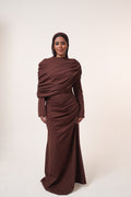 One-Side Draped Maxi Dress with Chest Cover in Brown