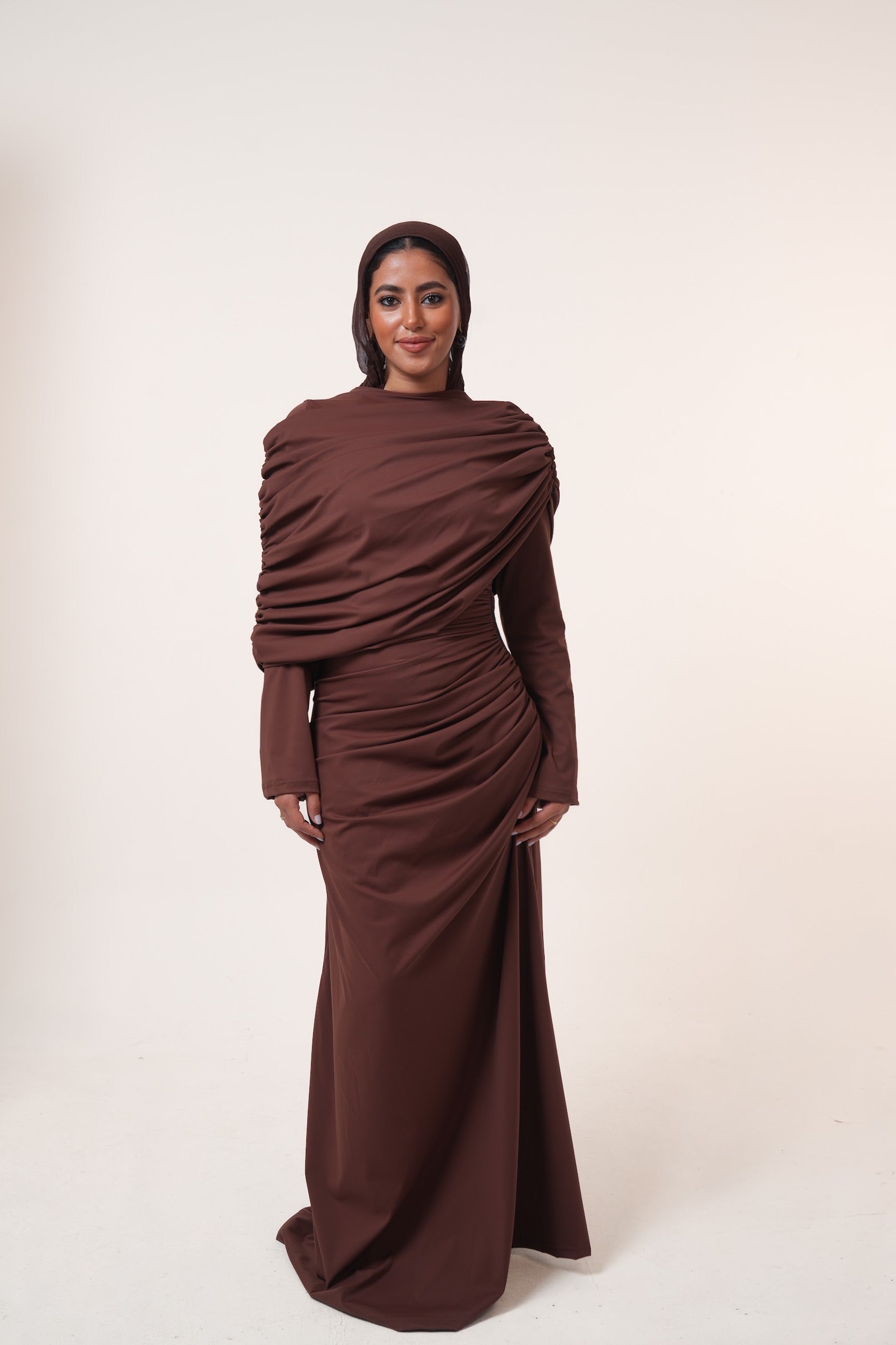 One-Side Draped Maxi Dress with Chest Cover in Brown