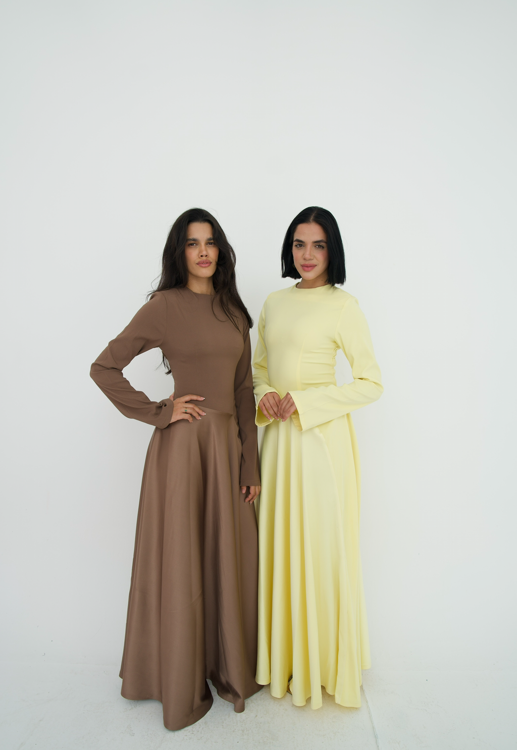 Satin half and half A-line dress in butter yellow
