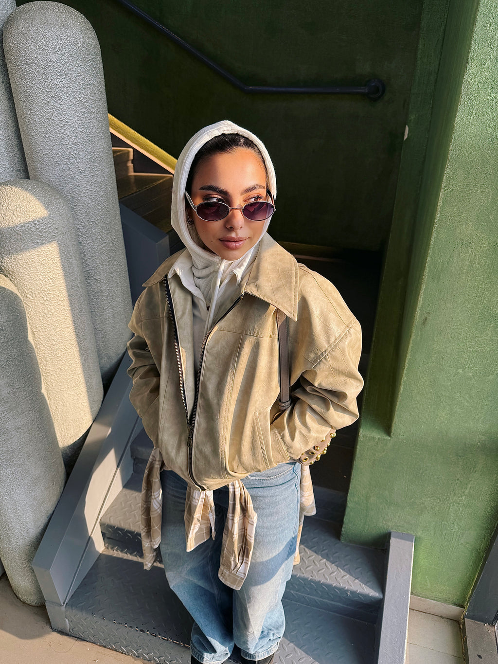 Vintage Croc-Texture Faux Leather Bomber Jacket in Beige