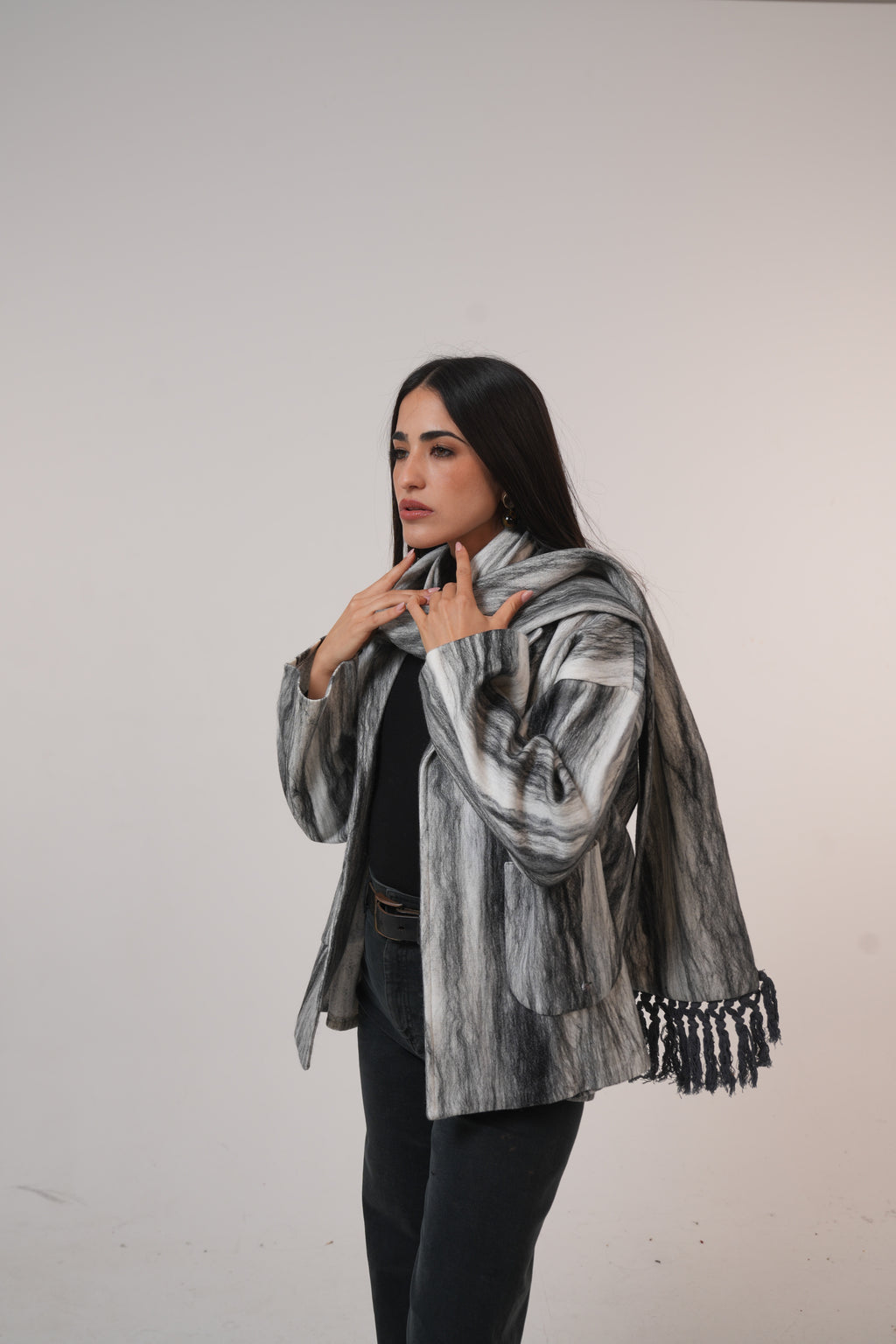 Pure wool jacket with Shawl Black and White