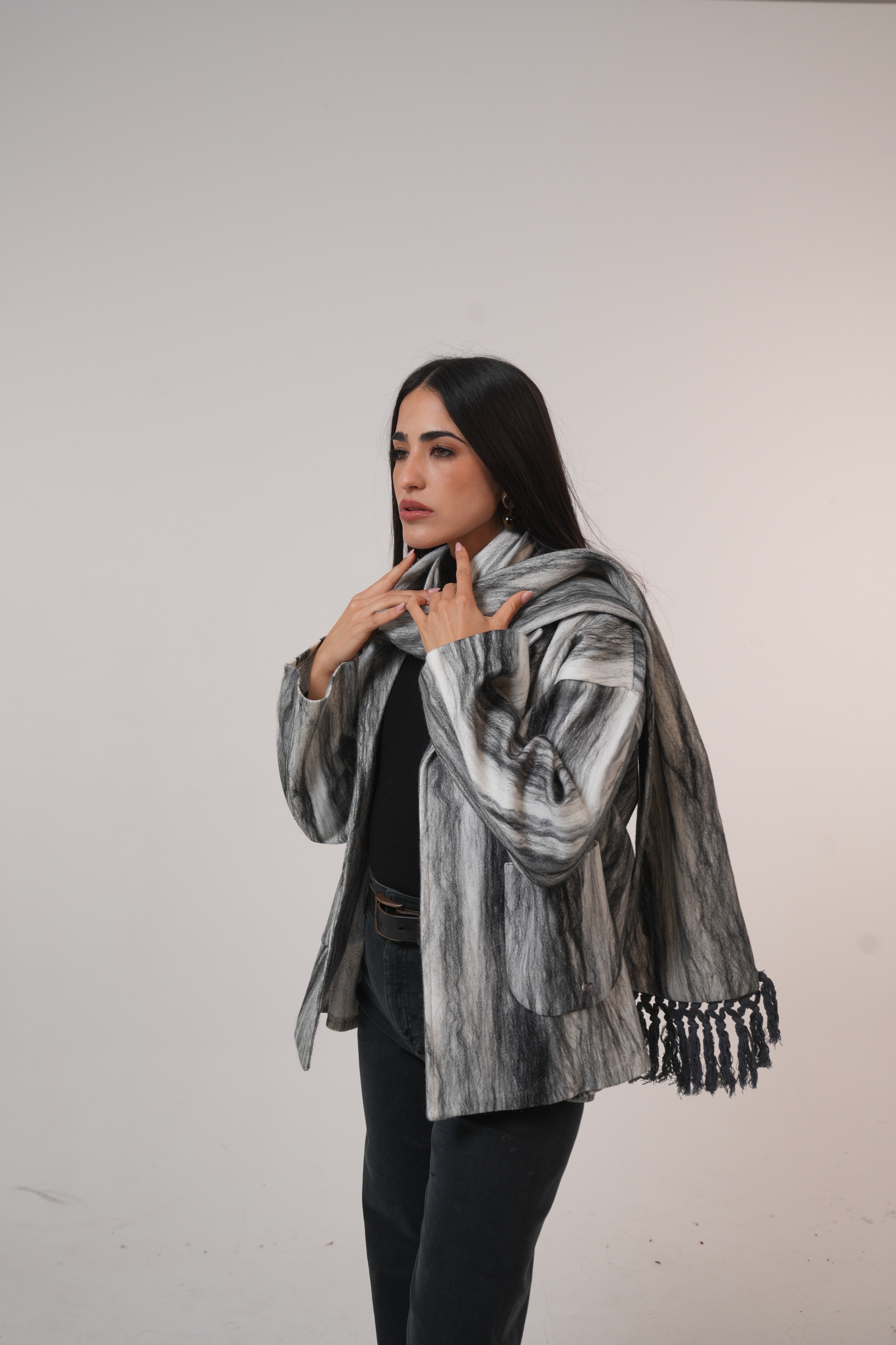 Pure wool jacket with Shawl Black and White