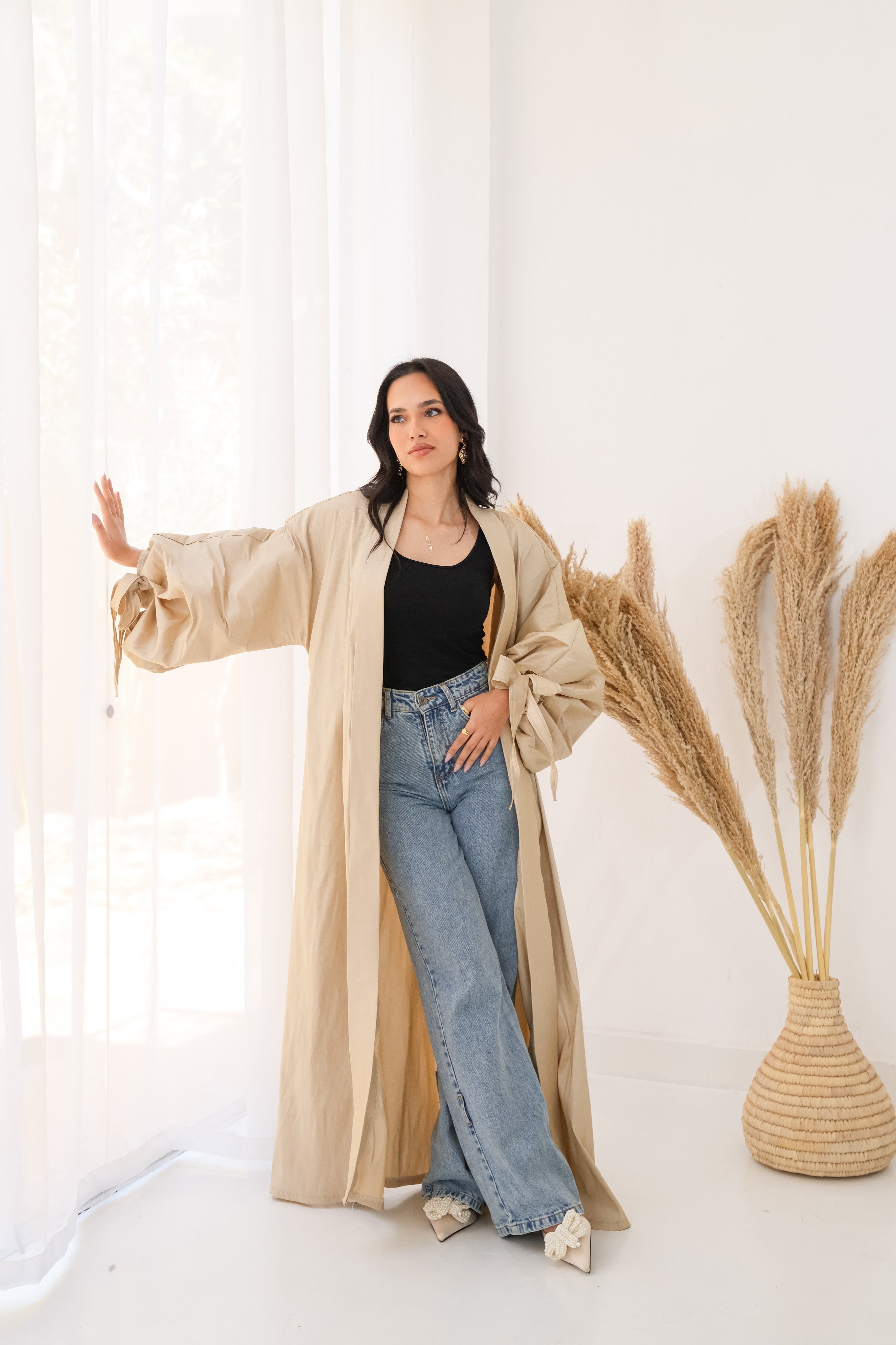 Puffed sleeves kaftan in beige