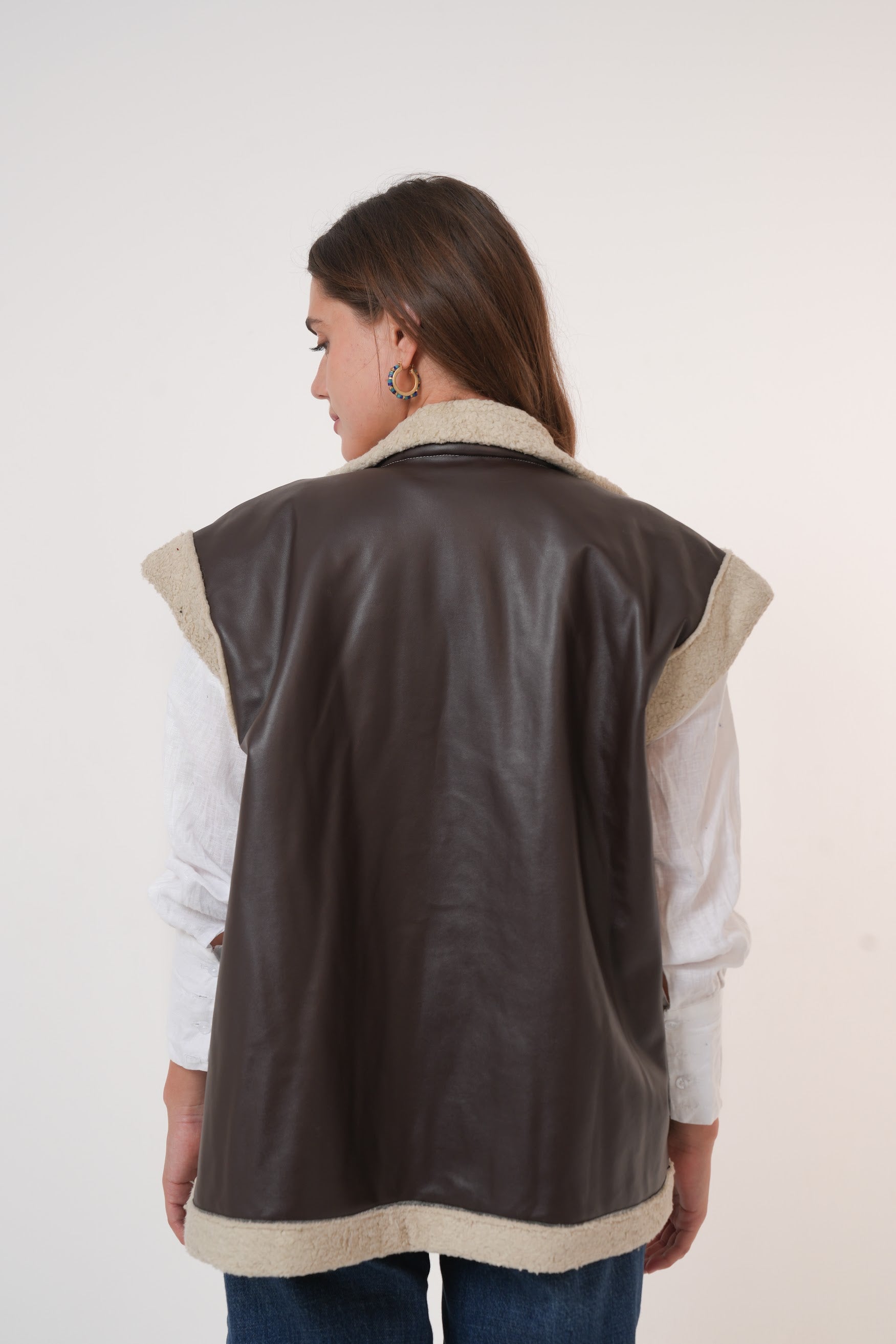Fur-Lined Leather Vest in brown