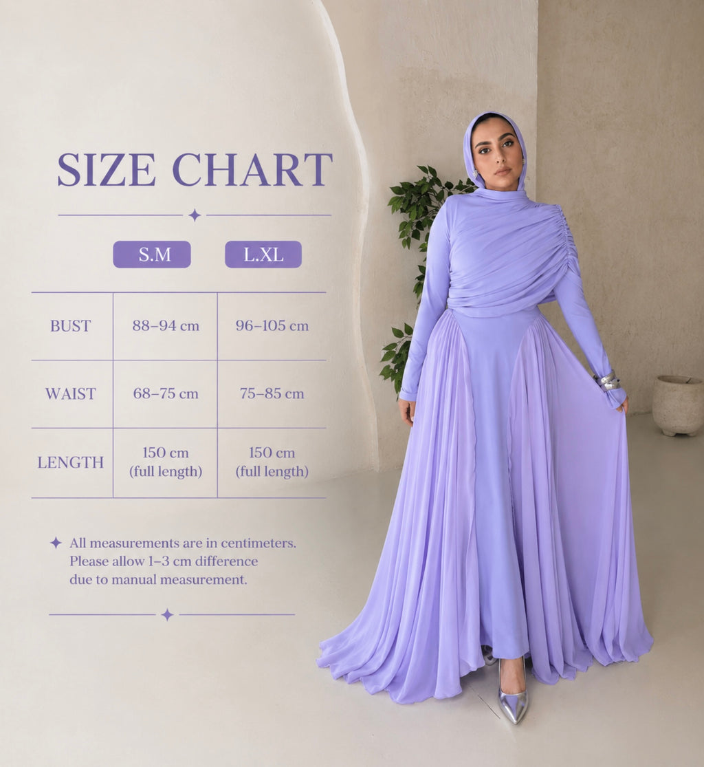 Amwaj gown with shoulder drappes in Lilac with chest cover