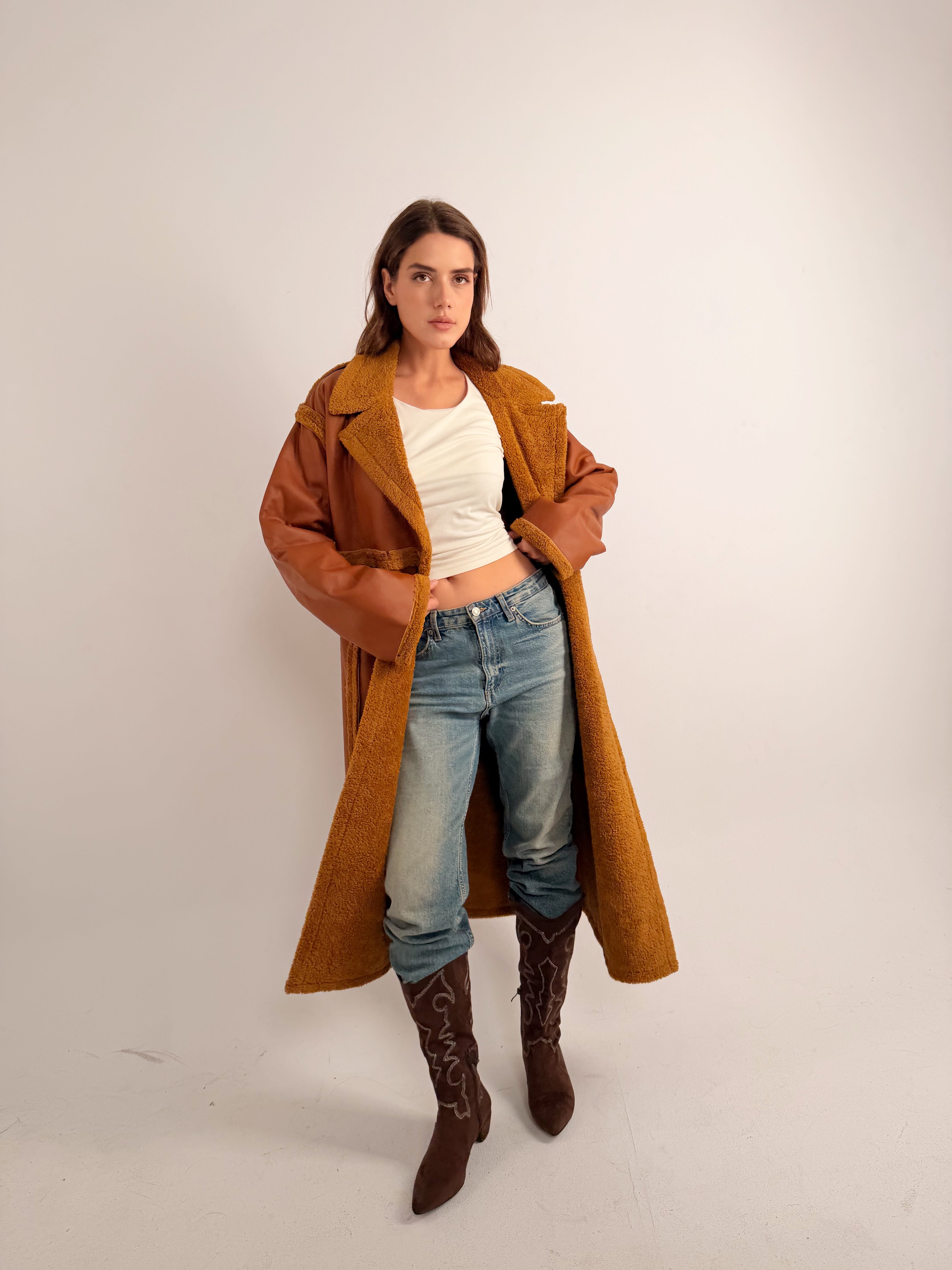 Premium Fur Leather - long coat in Camel