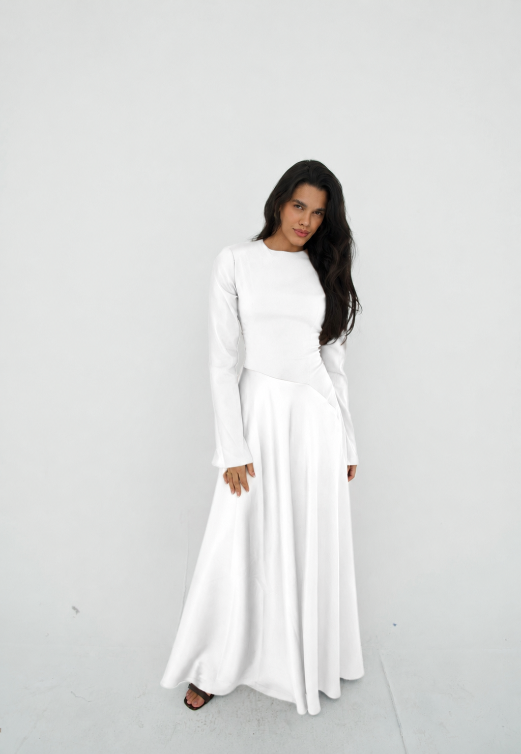 Satin half and half A-line dress in offwhite